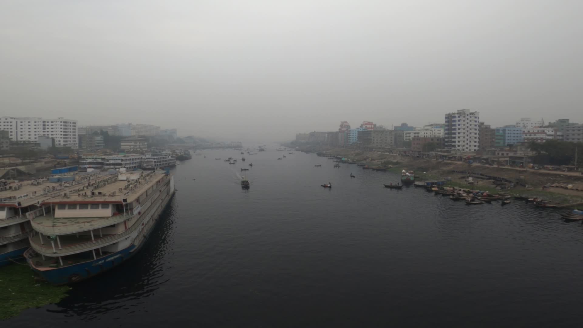 General view of the Buriganga River during foggy weather in Dhaka