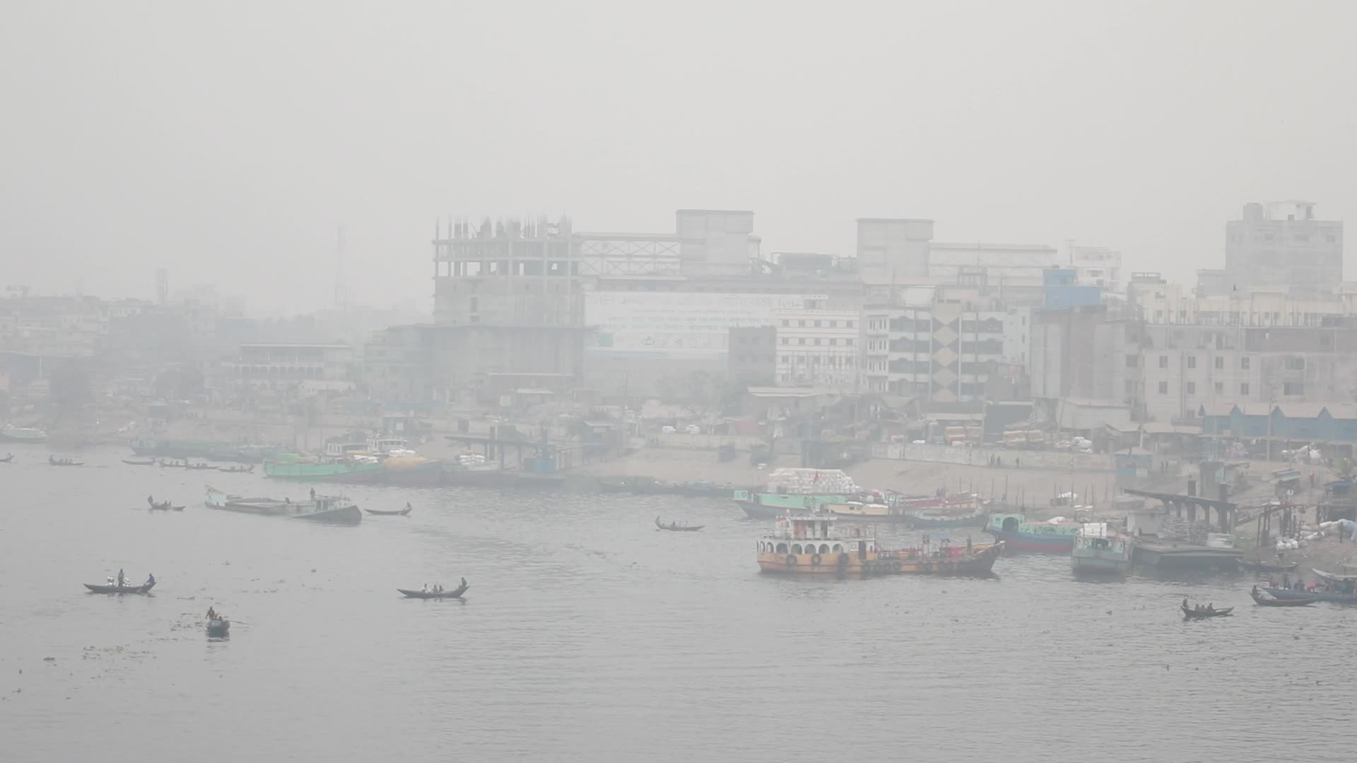 General view of the Buriganga River during foggy weather in Dhaka