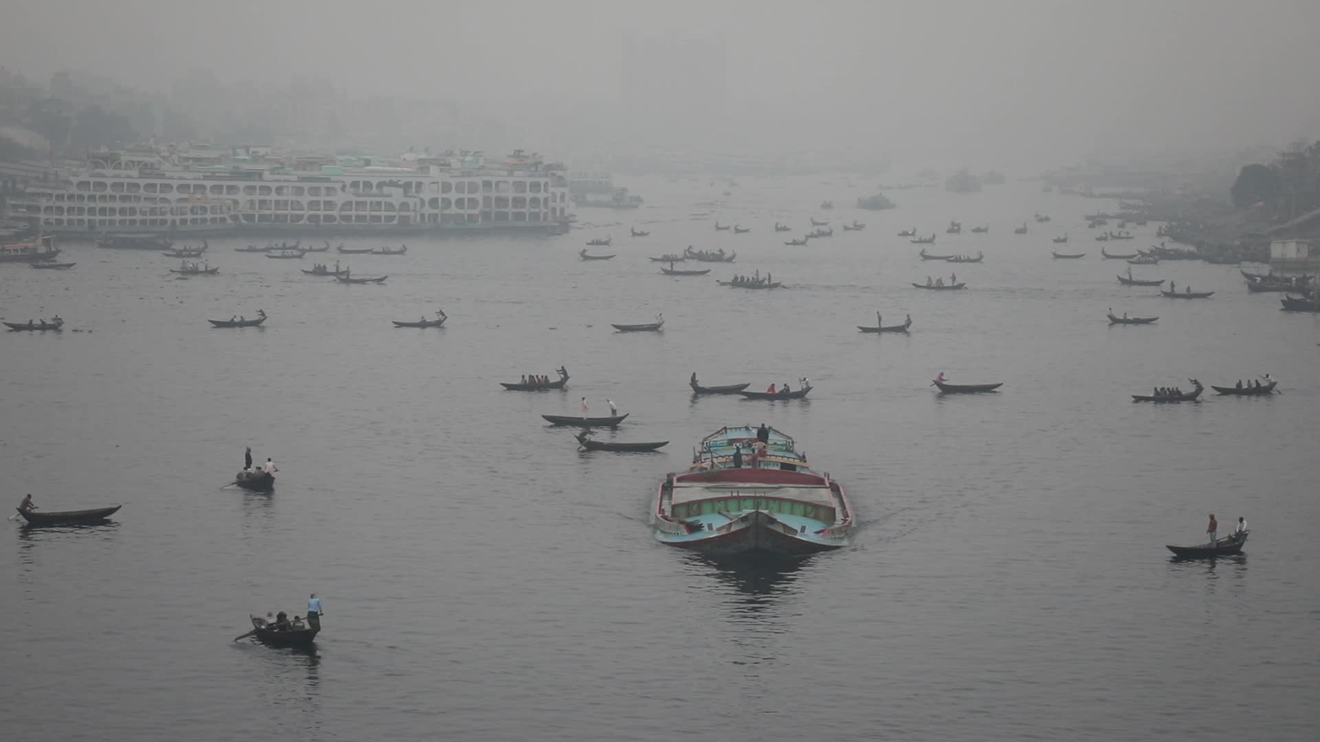 General view of the Buriganga River during foggy weather in Dhaka