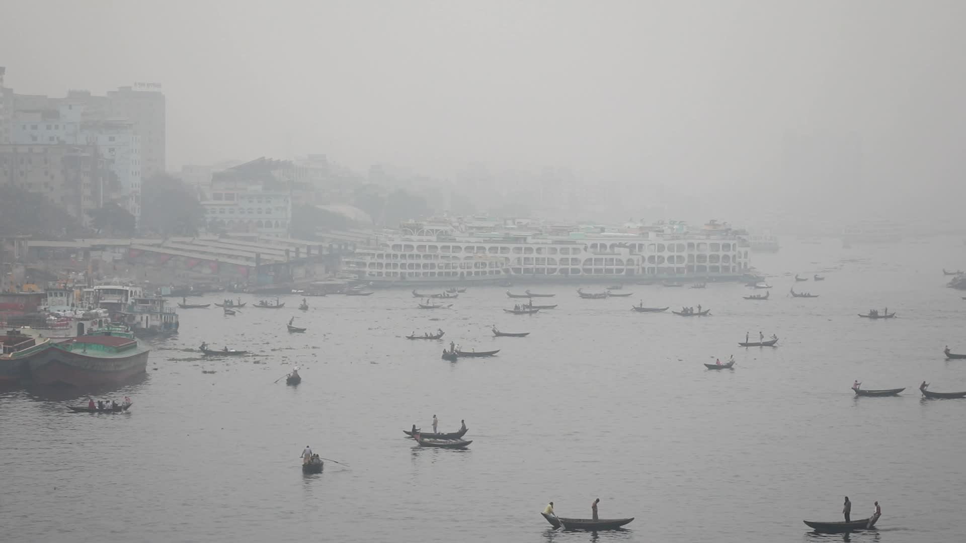General view of the Buriganga River during foggy weather in Dhaka
