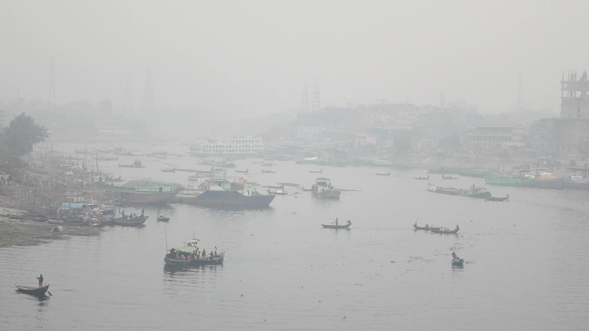 General view of the Buriganga River during foggy weather in Dhaka