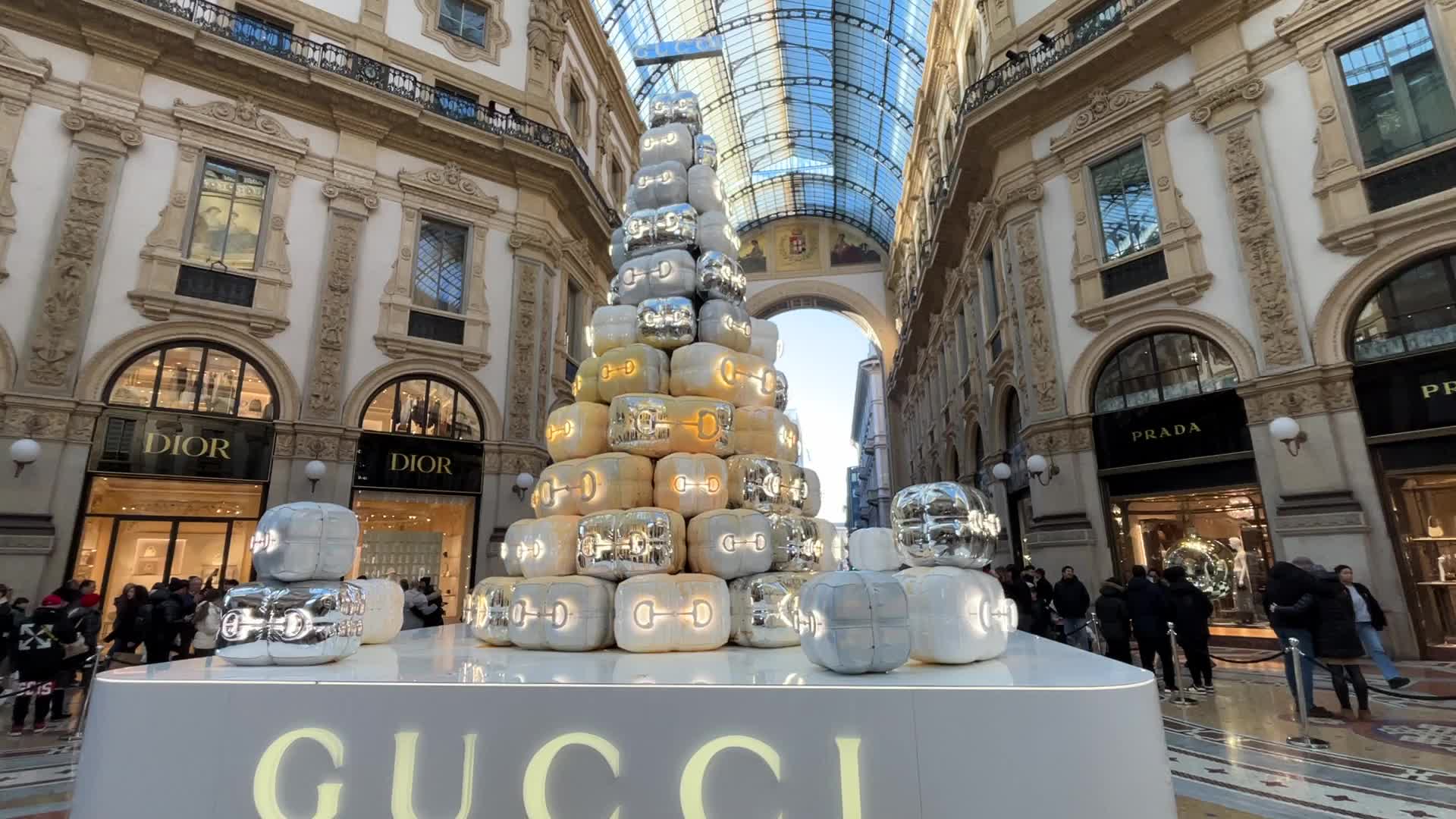 The Gucci tree vandalized with paint by Ultima Generazione activists in Galleria Vittorio Emanuele II in Milan