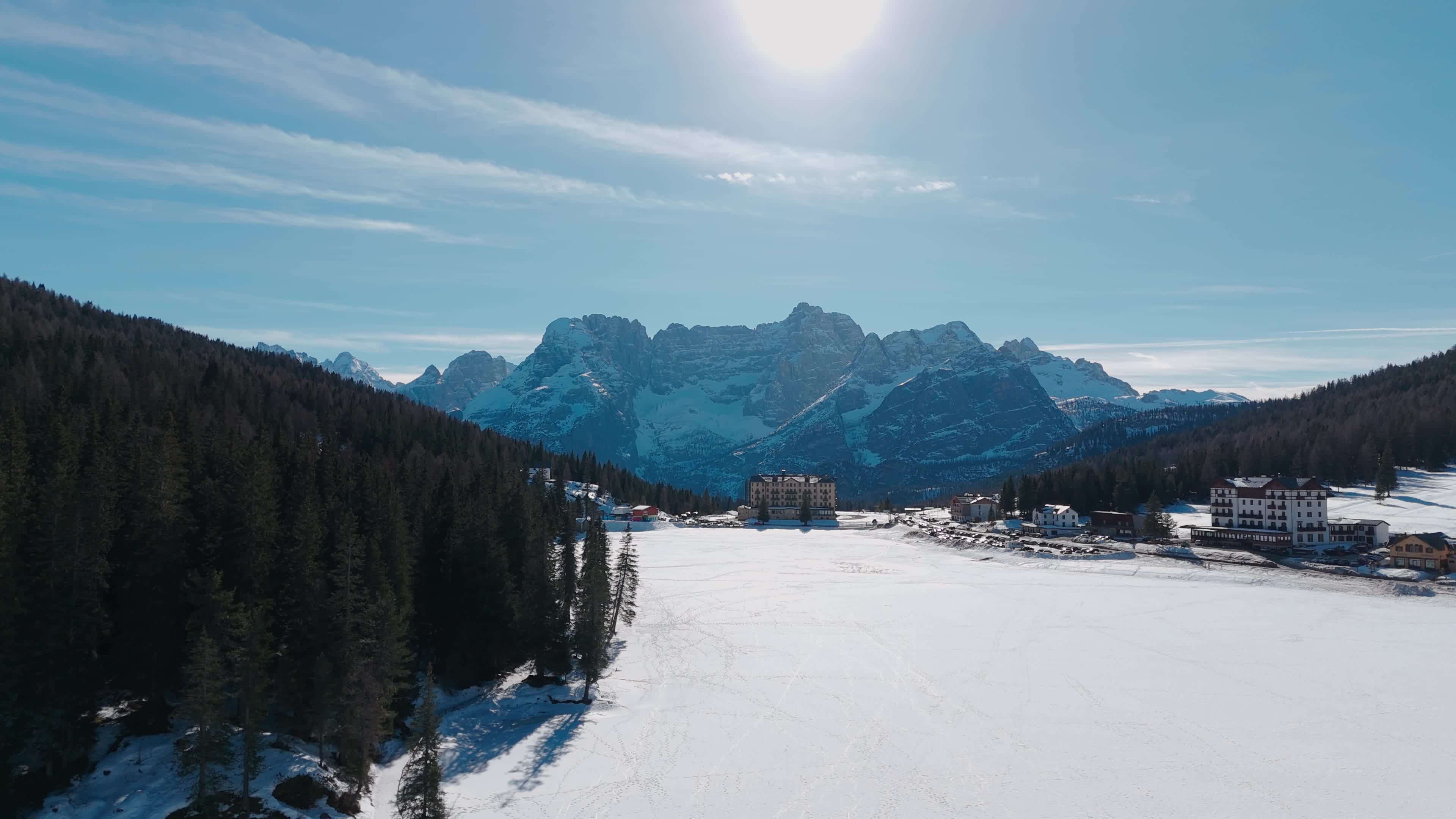 Drone View of Frozen Lake Misurina Covered in Snow