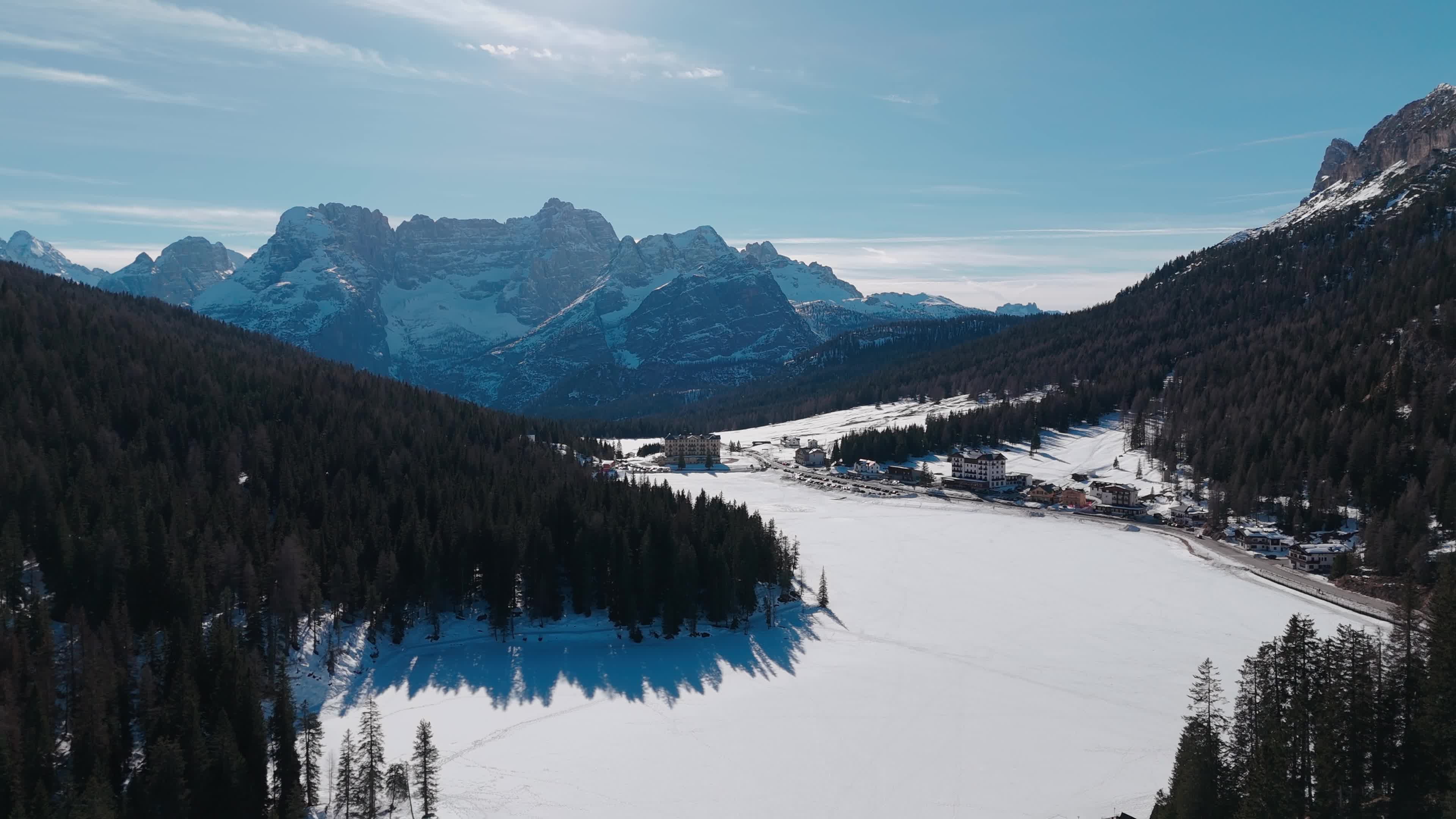 Drone View of Frozen Lake Misurina Covered in Snow