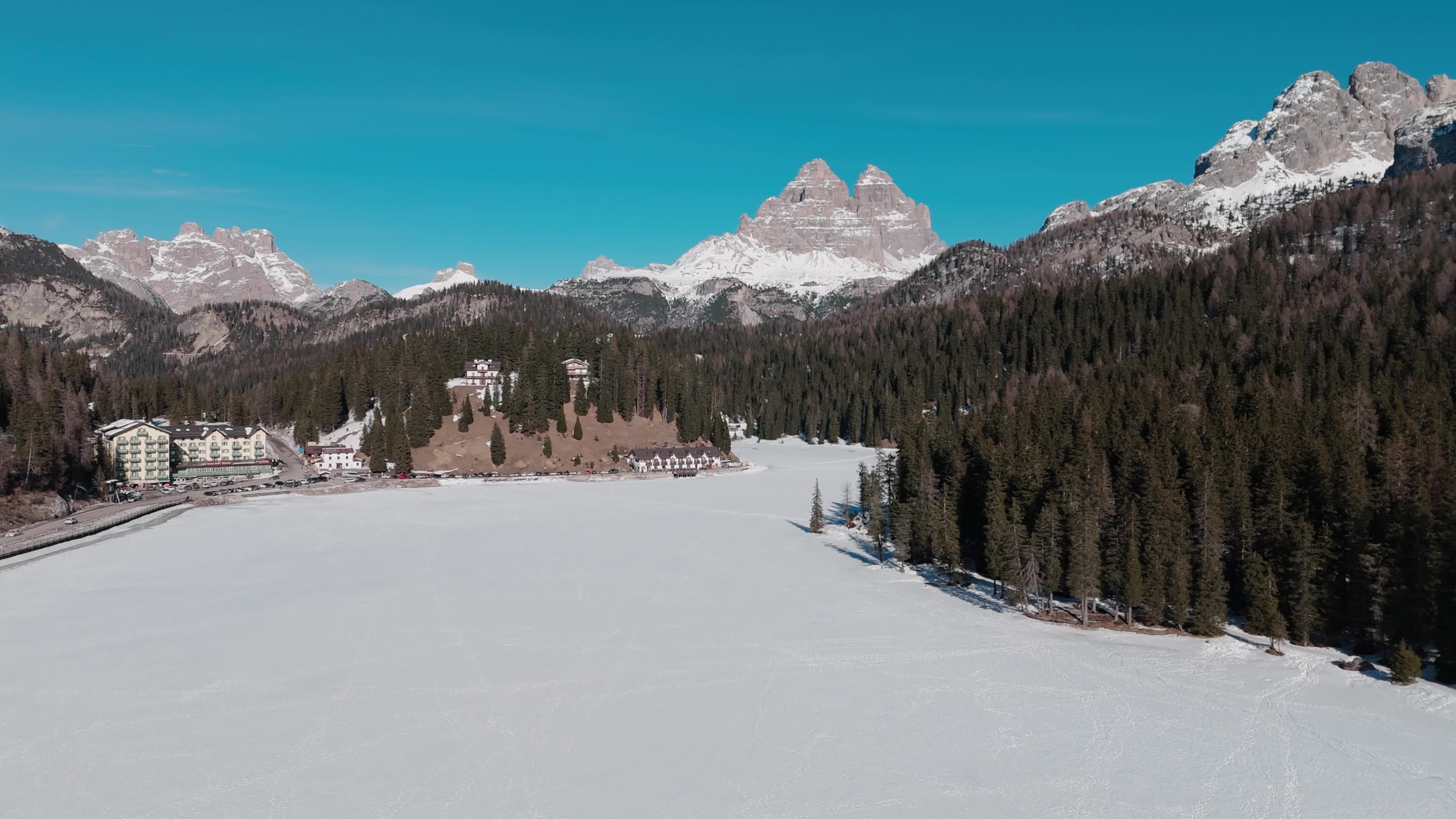 Drone View of Frozen Lake Misurina Covered in Snow
