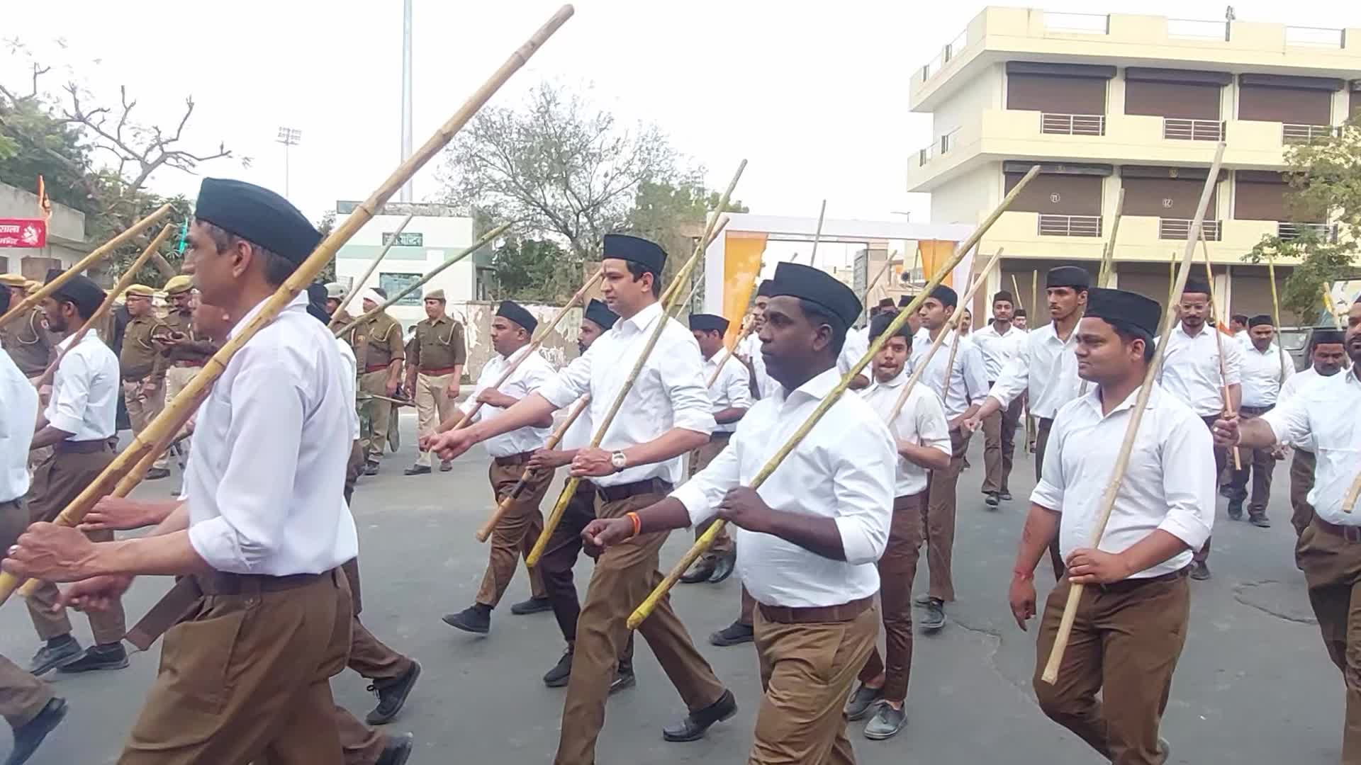 Members of the Rashtriya Swayamsevak Sangh (RSS), a Hindu nationalist organisation, take part in a route-march in Ajmer 