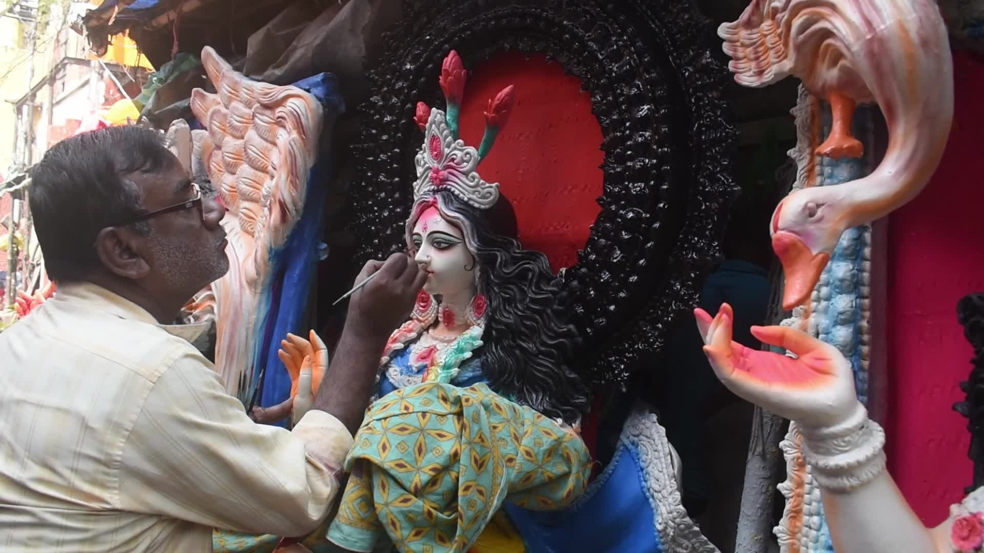 "Saraswati Puja" or "Vasant Panchami" festival preparation in Kolkata, India