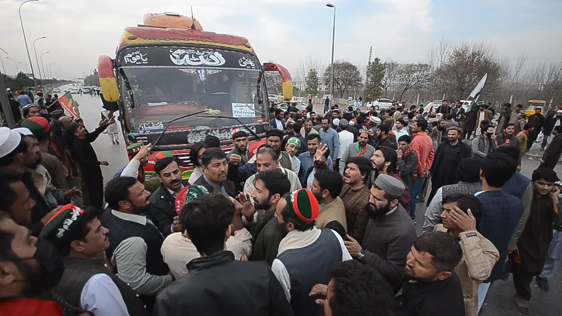 Supporters of PTI party protest against alleged rigging in general elections in Peshawar
