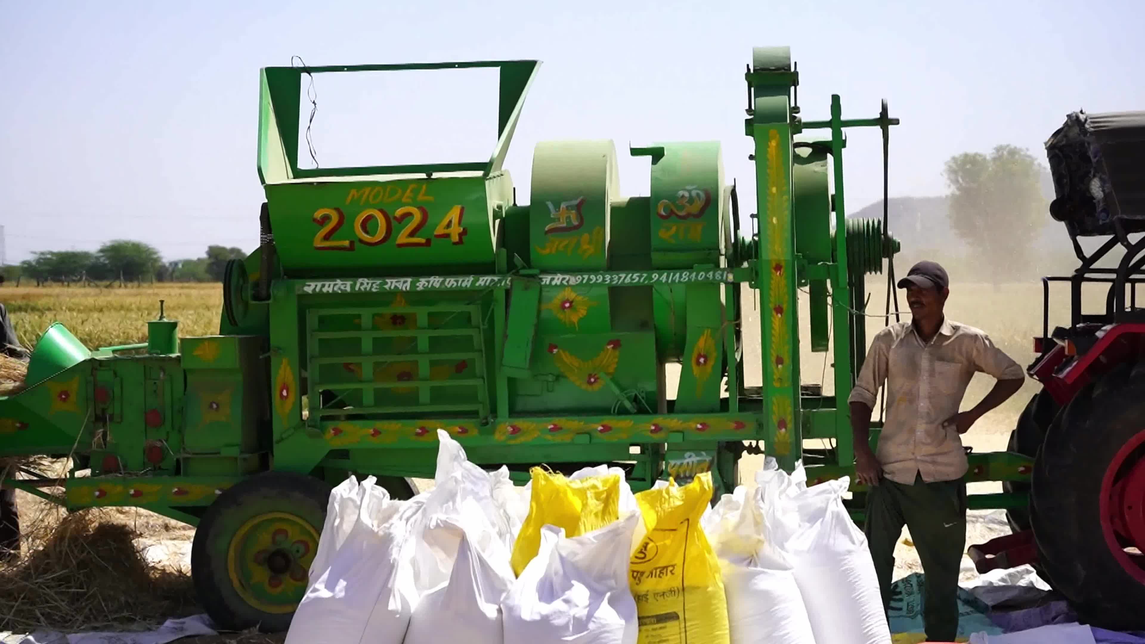 Indian farmers thresh the harvested barley crop