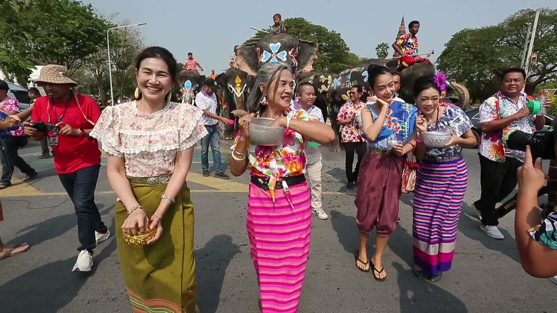 Elephants play at Thai Songkran Water Festival