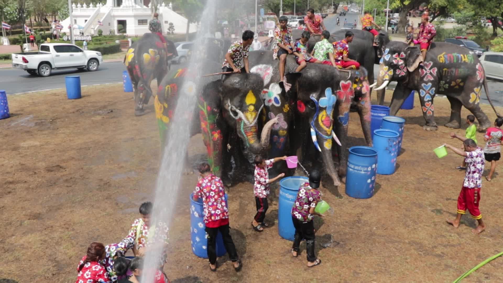 Tourists enjoy while play water battle with elephants