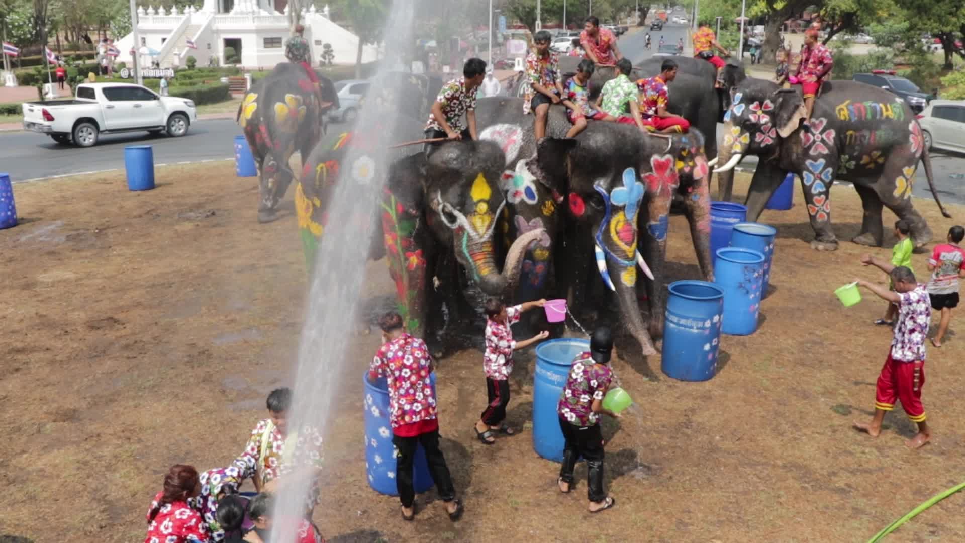 Tourists enjoy while play water battle with elephants