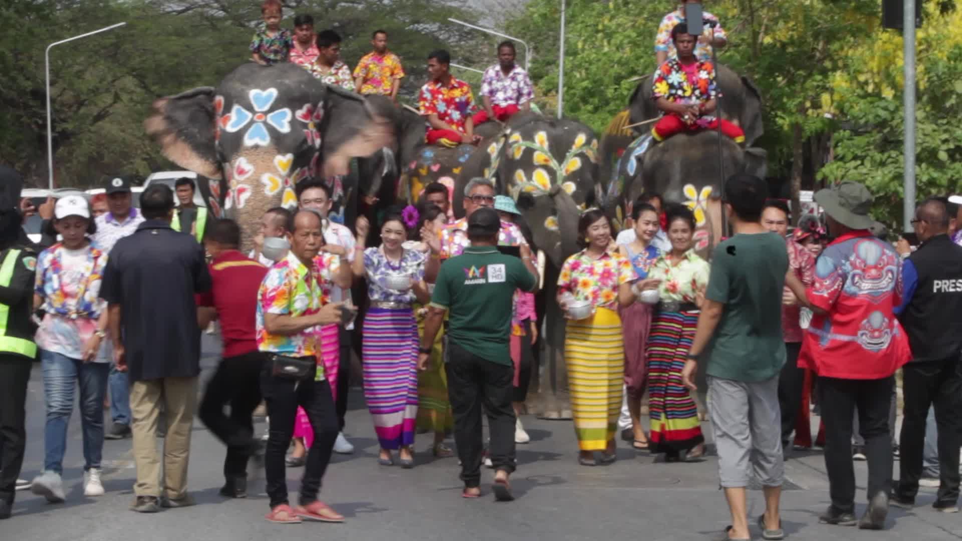 Elephants play at Thai Songkran Water Festival