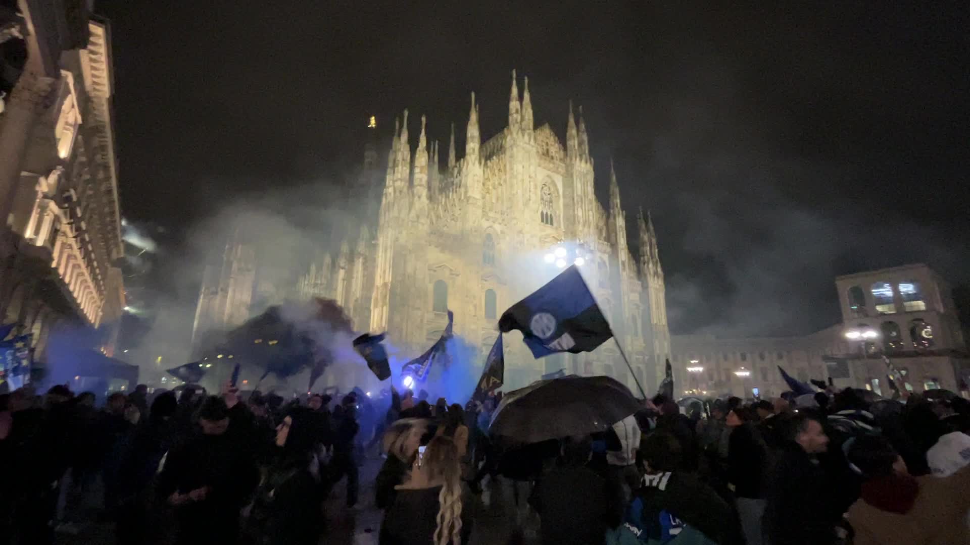 Supporters of FC Internazionale celebrate winning the Serie A title and the 20th Scudetto after the Derby in Milan