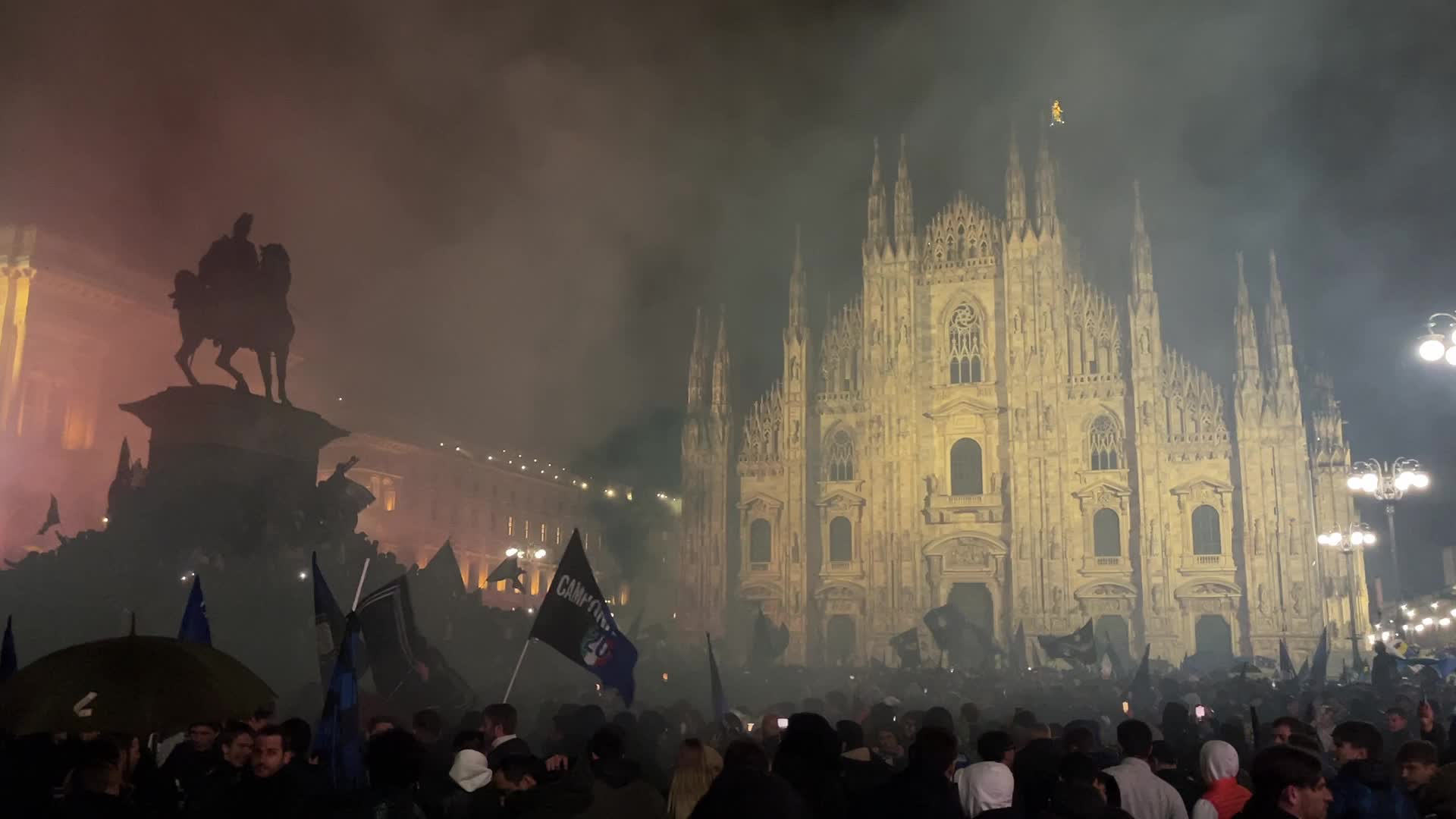 Supporters of FC Internazionale celebrate winning the Serie A title and the 20th Scudetto after the Derby in Milan