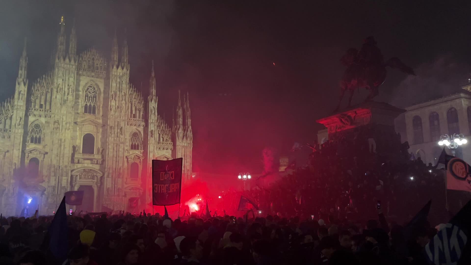 Supporters of FC Internazionale celebrate winning the Serie A title and the 20th Scudetto after the Derby in Milan