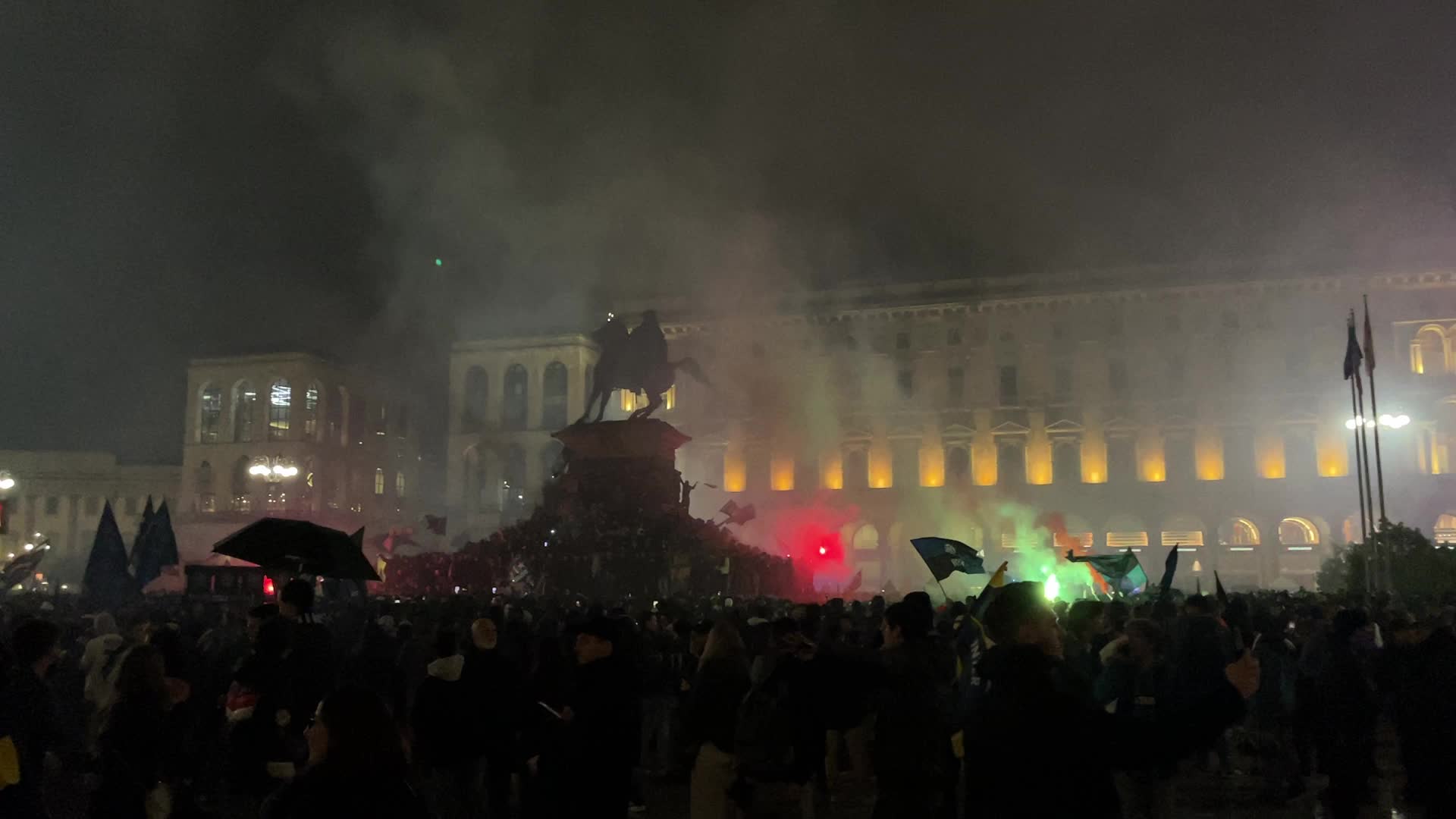 Supporters of FC Internazionale celebrate winning the Serie A title and the 20th Scudetto after the Derby in Milan