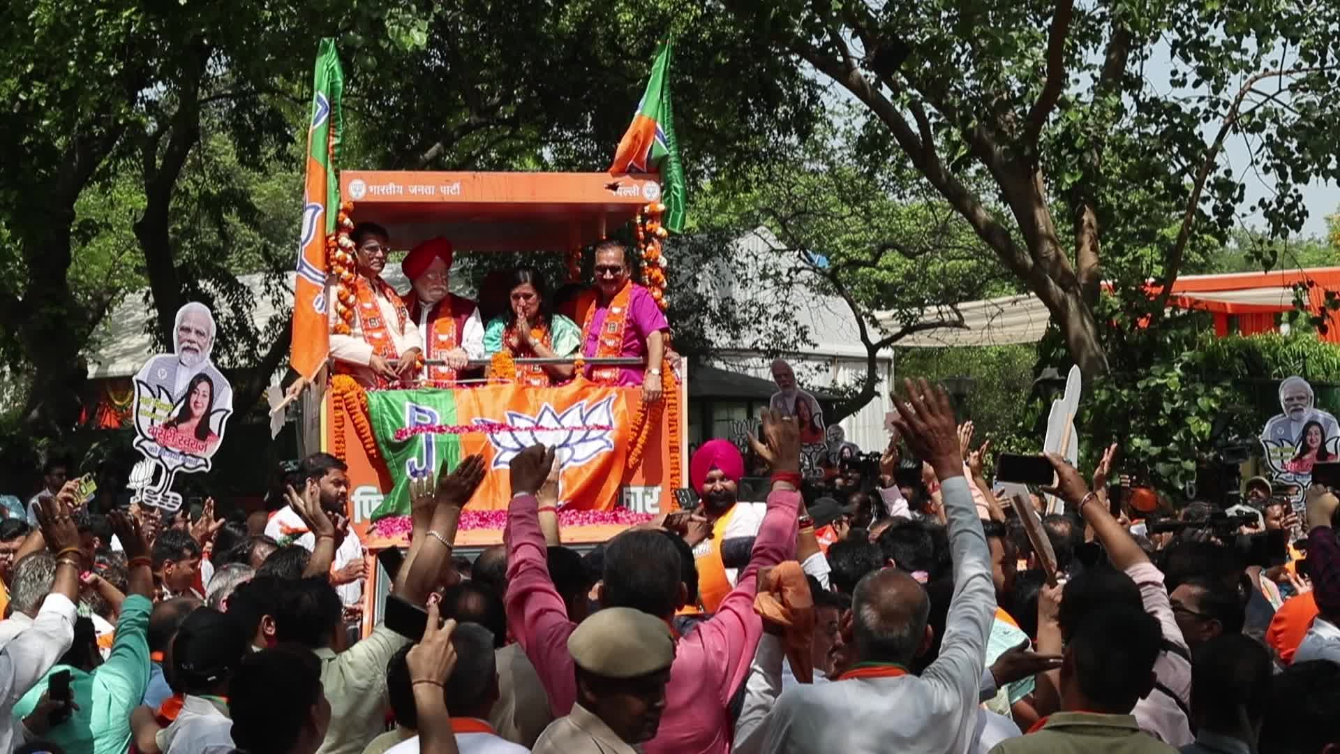 BJP Supporters Rally with Flags in New Delhi Before General Elections
