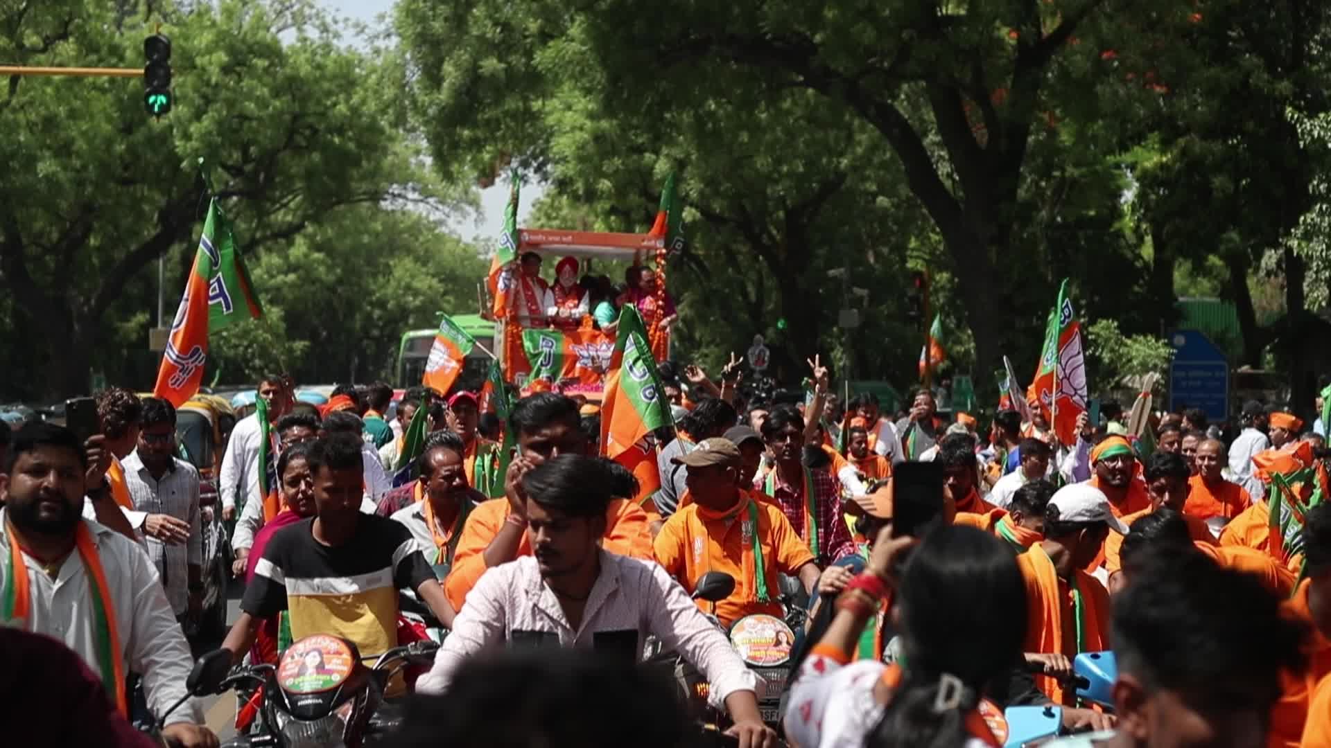 BJP Supporters Rally with Flags in New Delhi Before General Elections