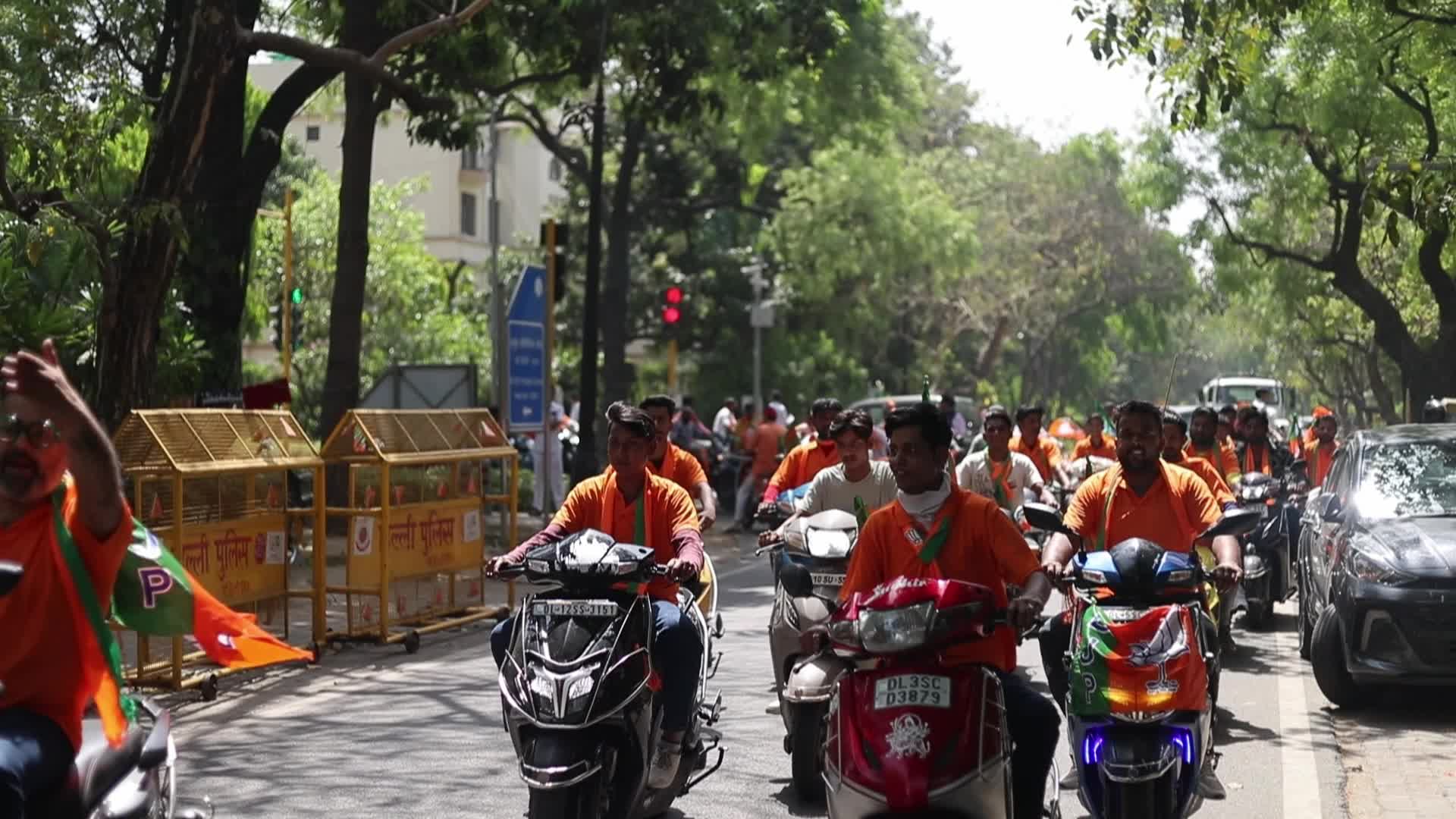 BJP Supporters Rally with Flags in New Delhi Before General Elections
