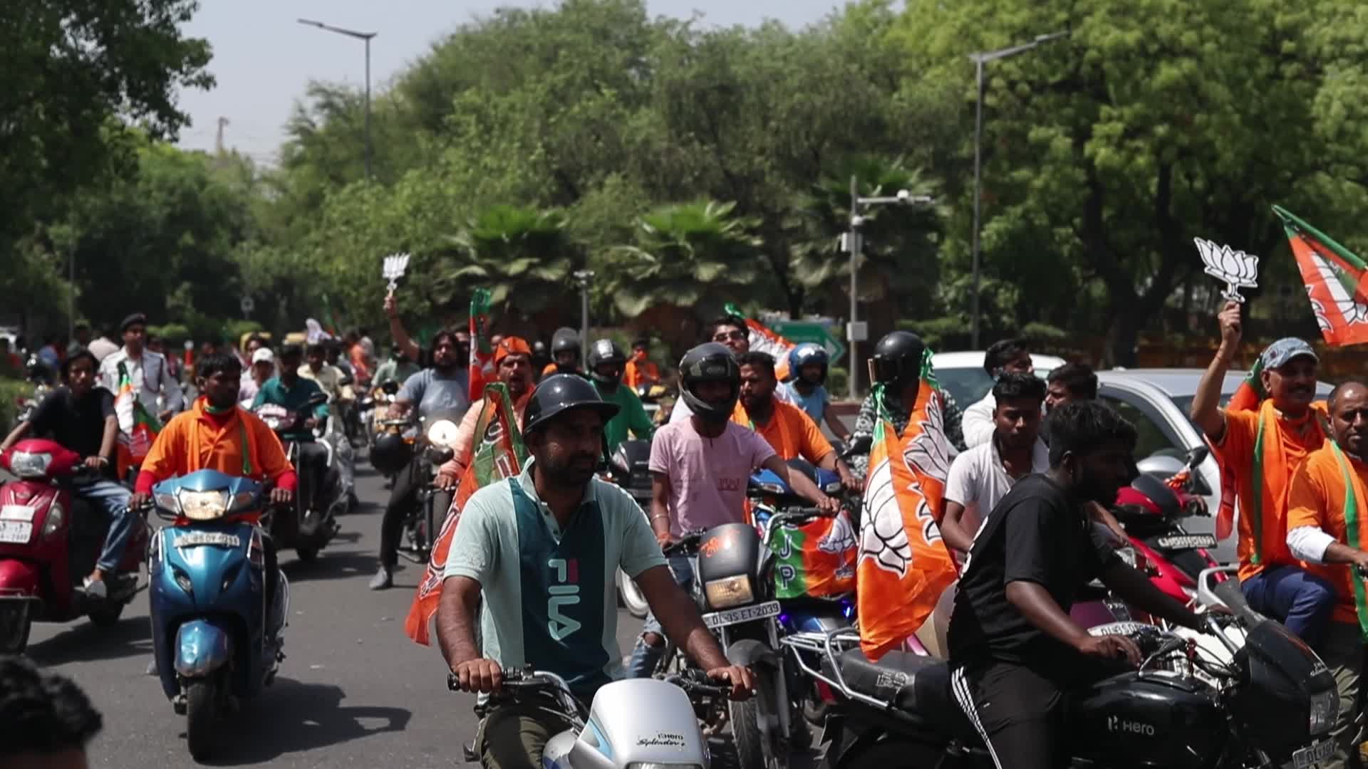 BJP Supporters Rally with Flags in New Delhi Before General Elections