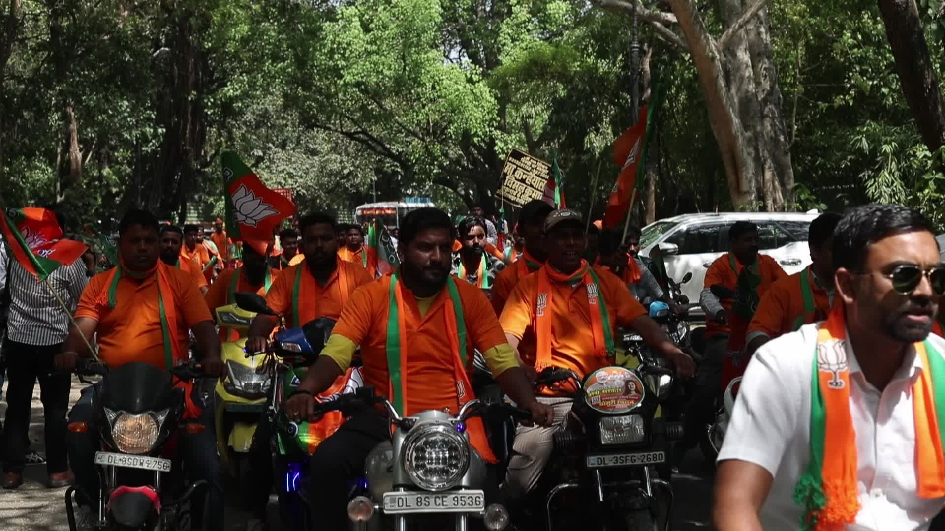 BJP Supporters Rally with Flags in New Delhi Before General Elections