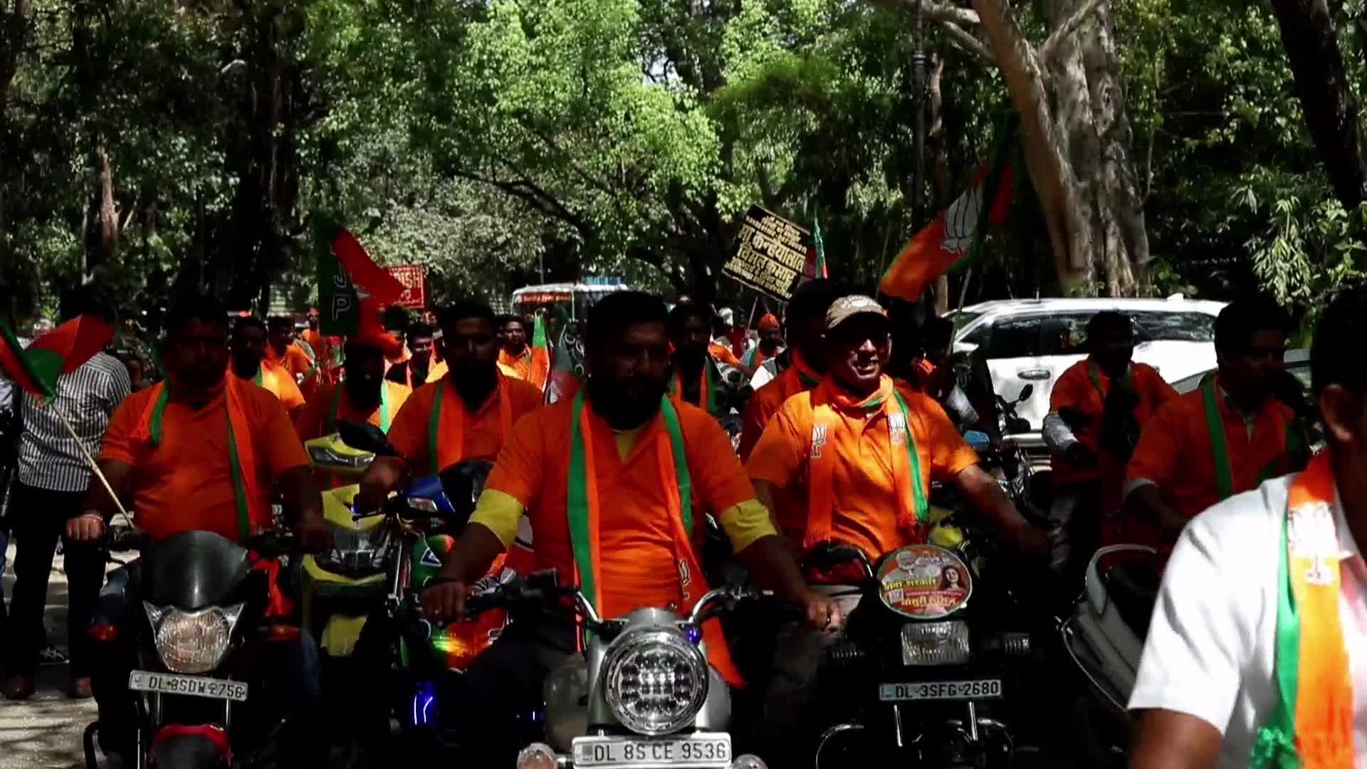 BJP Supporters Rally with Flags in New Delhi Before General Elections
