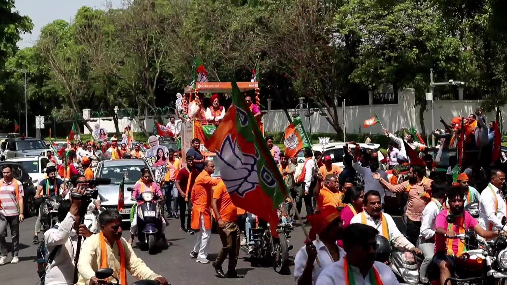 BJP Supporters Rally with Flags in New Delhi Before General Elections
