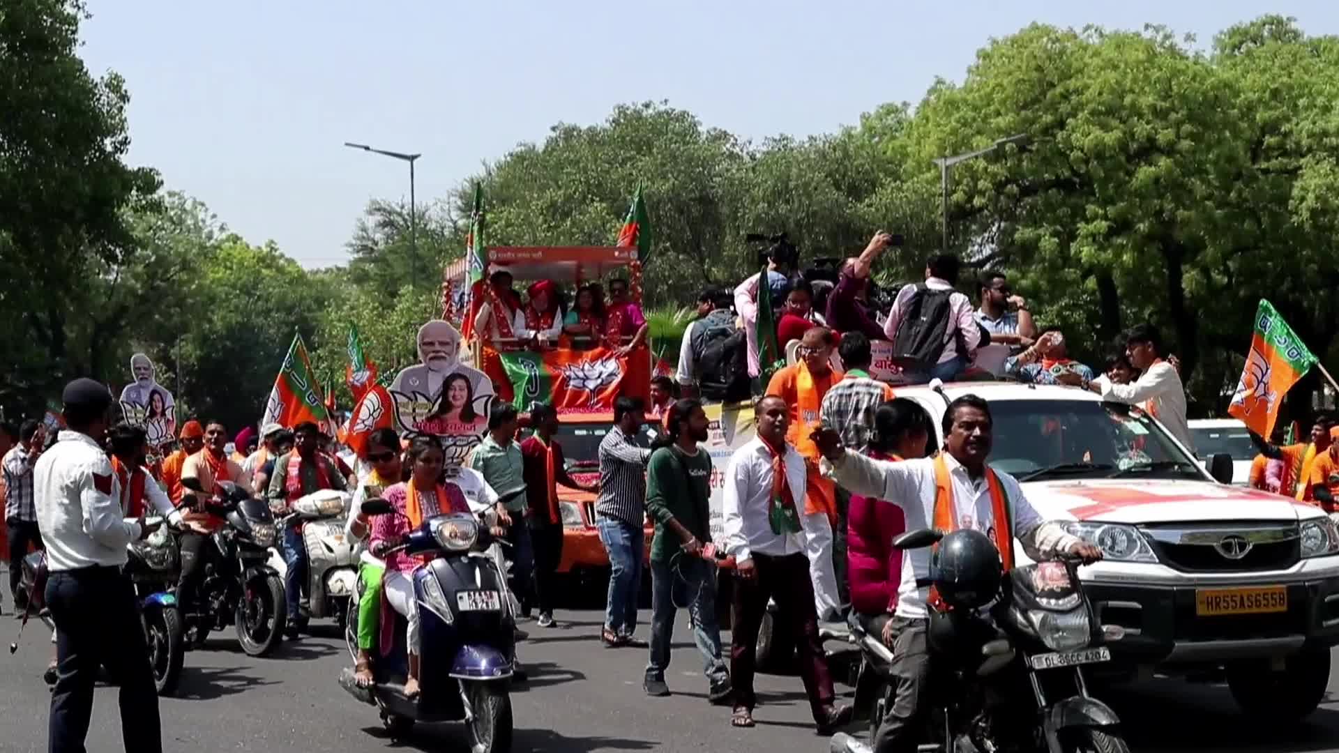 BJP Supporters Rally with Flags in New Delhi Before General Elections
