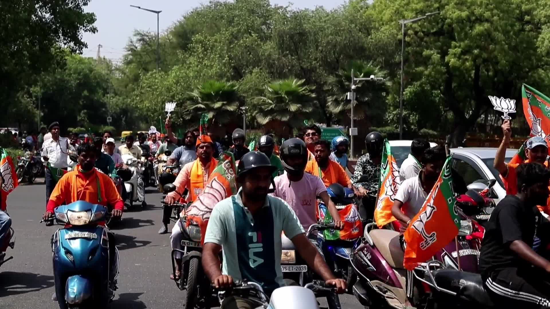 BJP Supporters Rally with Flags in New Delhi Before General Elections