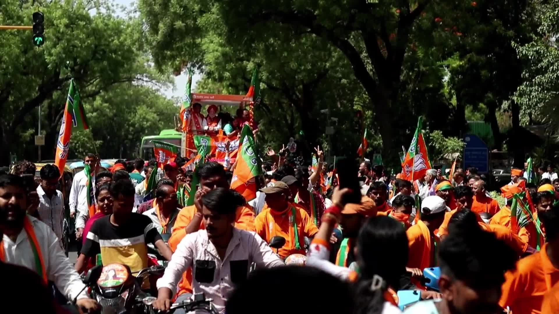 BJP Supporters Rally with Flags in New Delhi Before General Elections