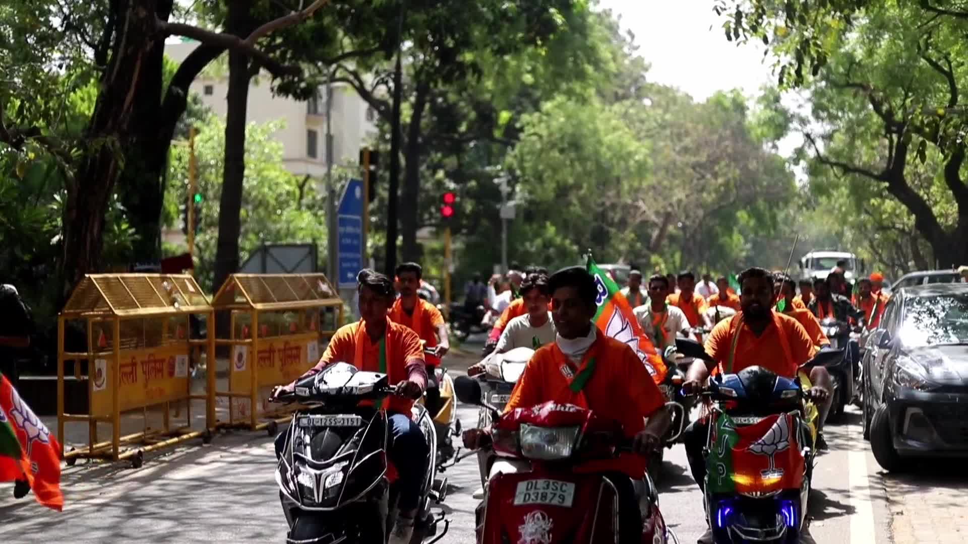 BJP Supporters Rally with Flags in New Delhi Before General Elections