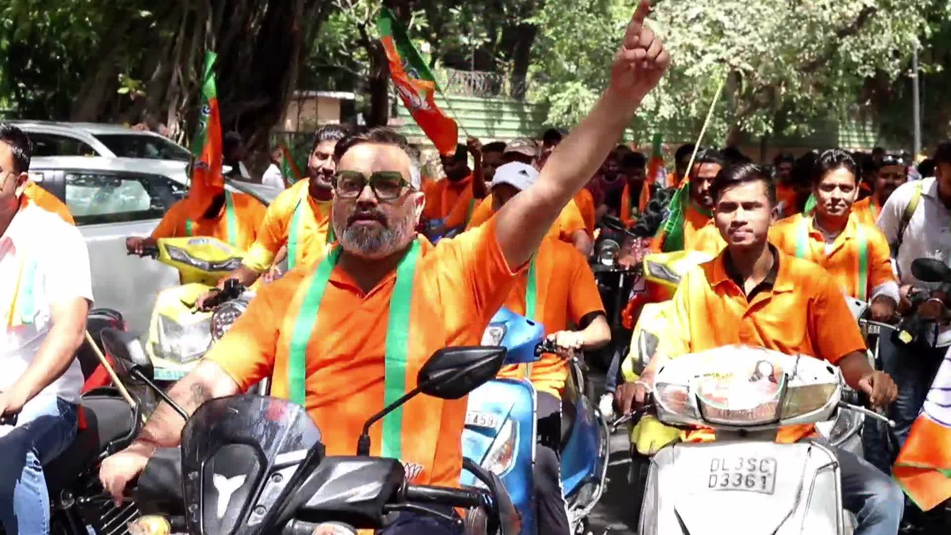 BJP Supporters Rally with Flags in New Delhi Before General Elections