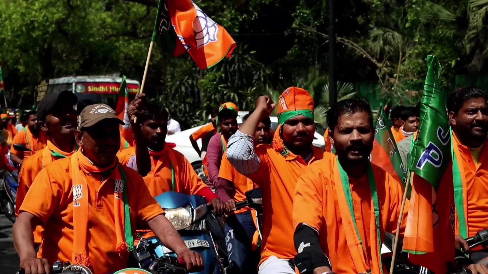 BJP Supporters Rally with Flags in New Delhi Before General Elections
