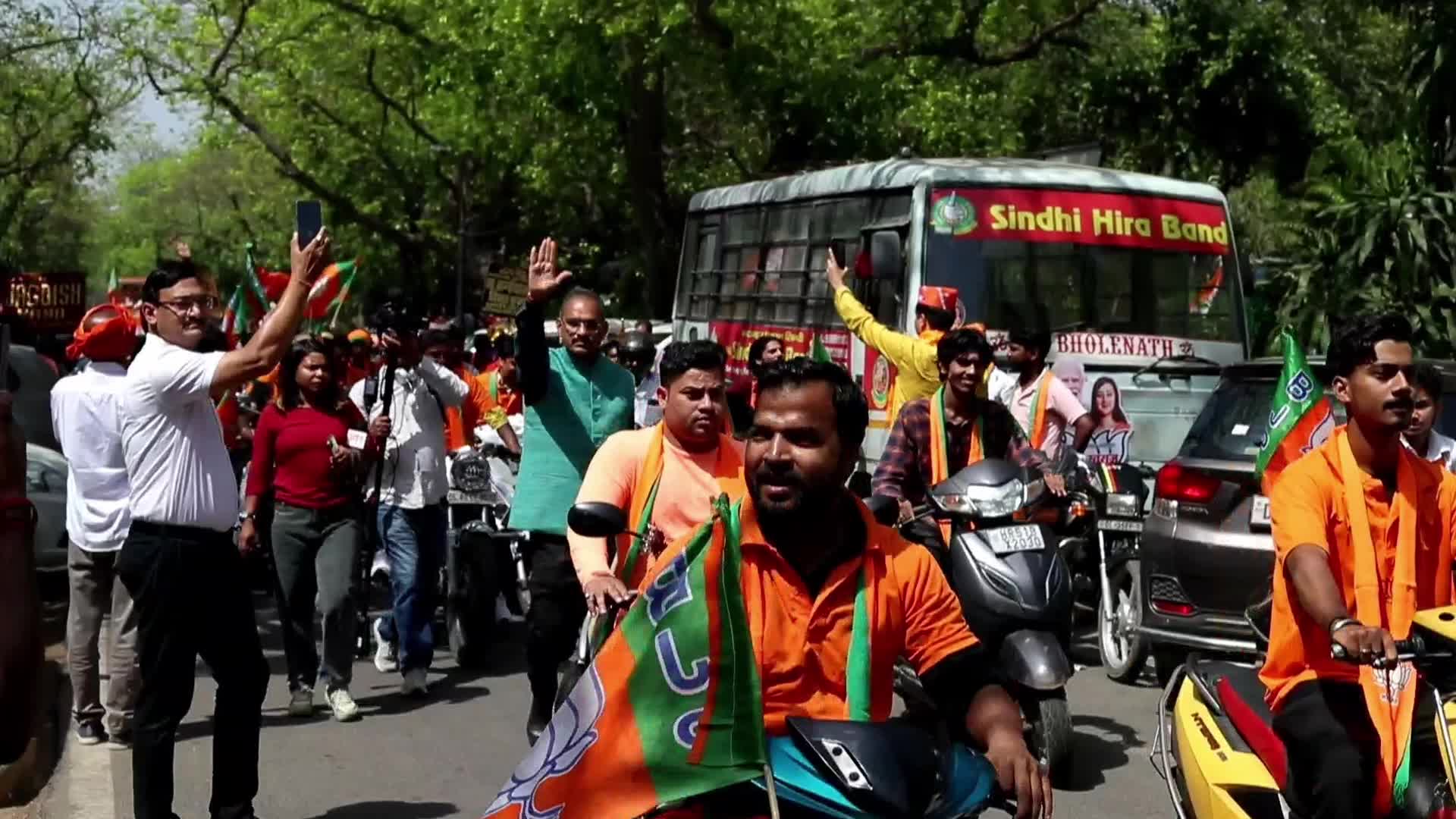 BJP Supporters Rally with Flags in New Delhi Before General Elections