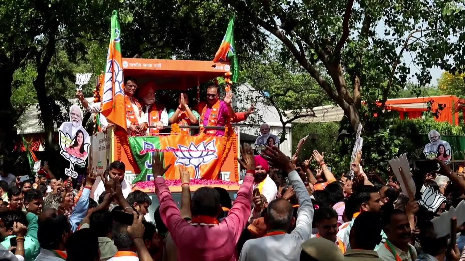 BJP Supporters Rally with Flags in New Delhi Before General Elections