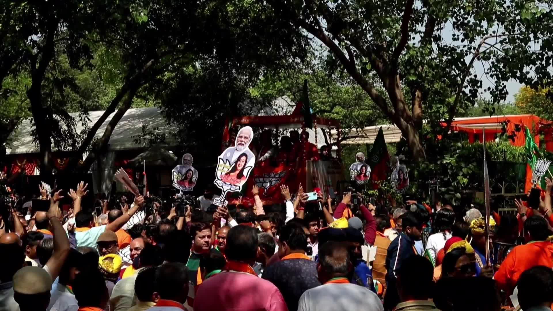 BJP Supporters Rally with Flags in New Delhi Before General Elections