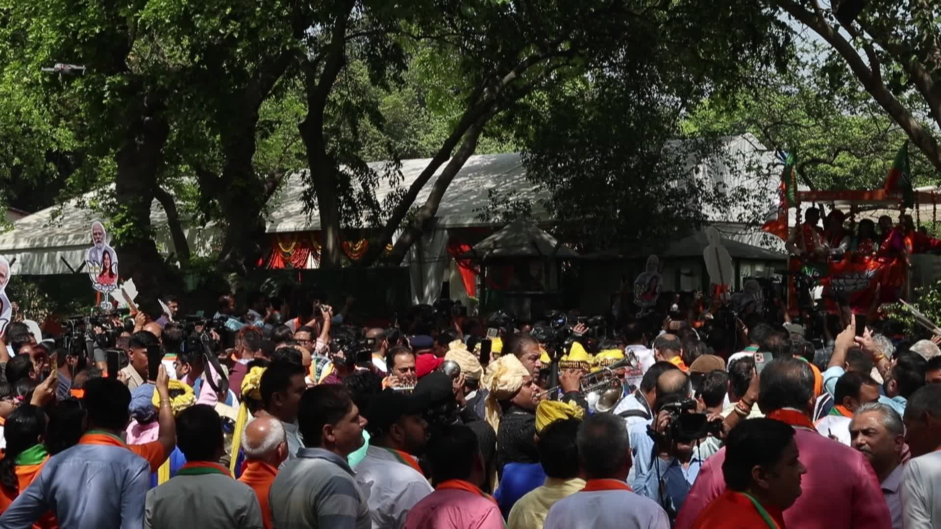 BJP Supporters Rally with Flags in New Delhi Before General Elections