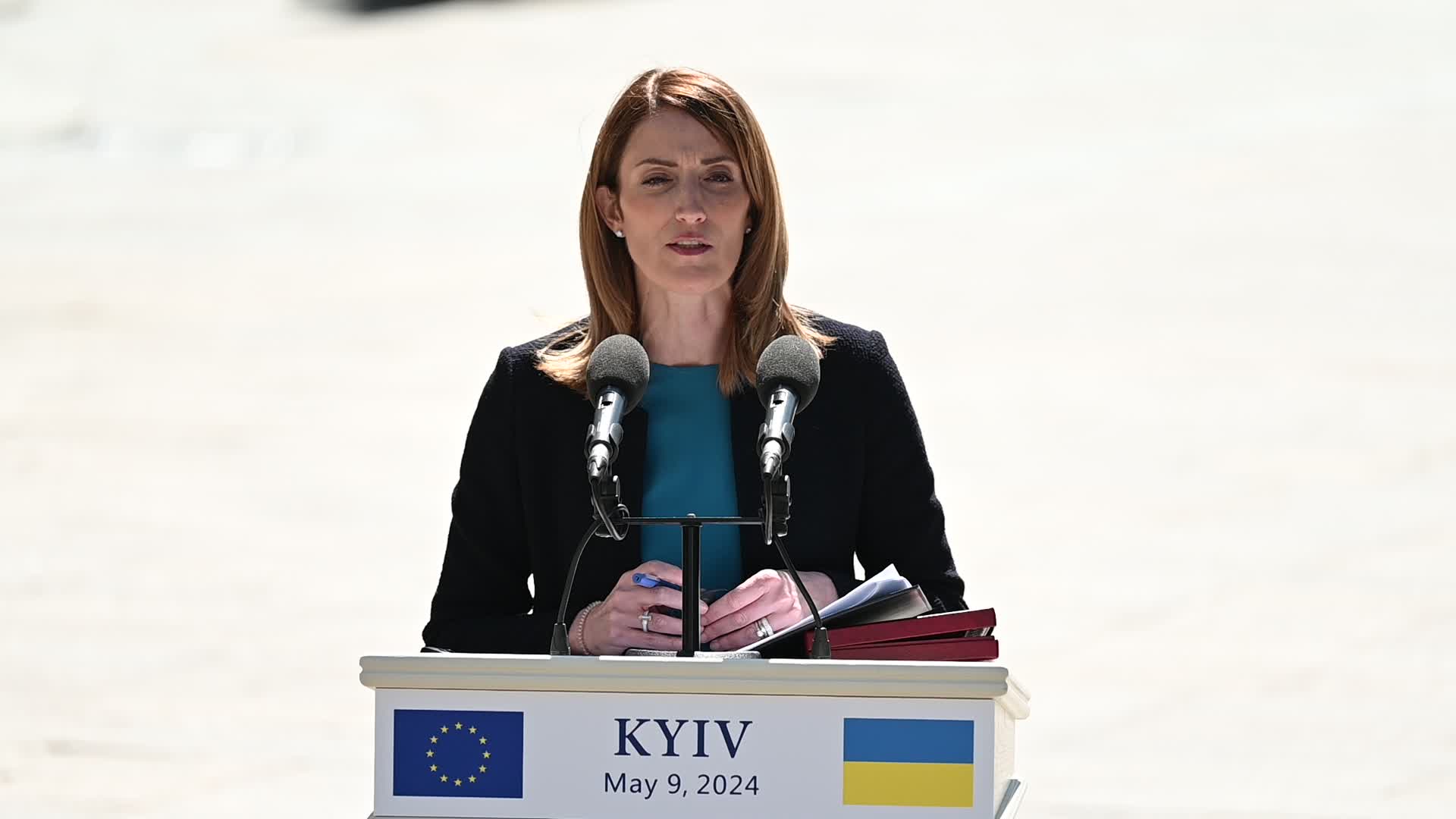 A press conference of President of the European Parliament and President of Ukraine in Kyiv, amid Russia's invasion of Ukraine.