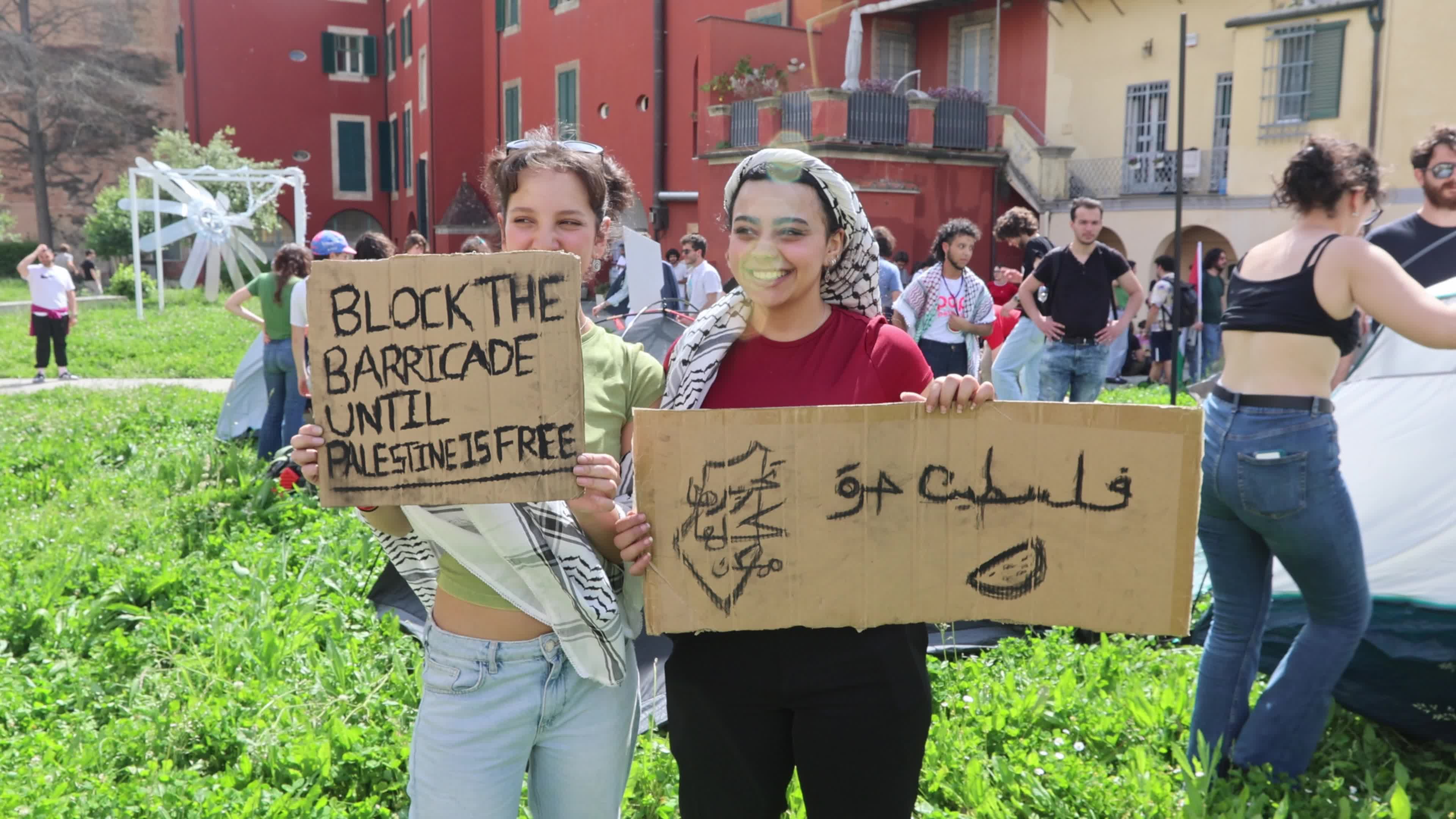 Students for Palestine camp in the gardens of the University of Pisa