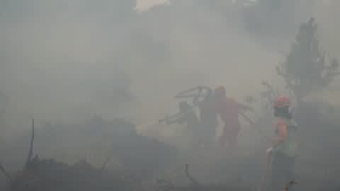 Residents are evacuated due to a forest fire in Riau, Indonesia