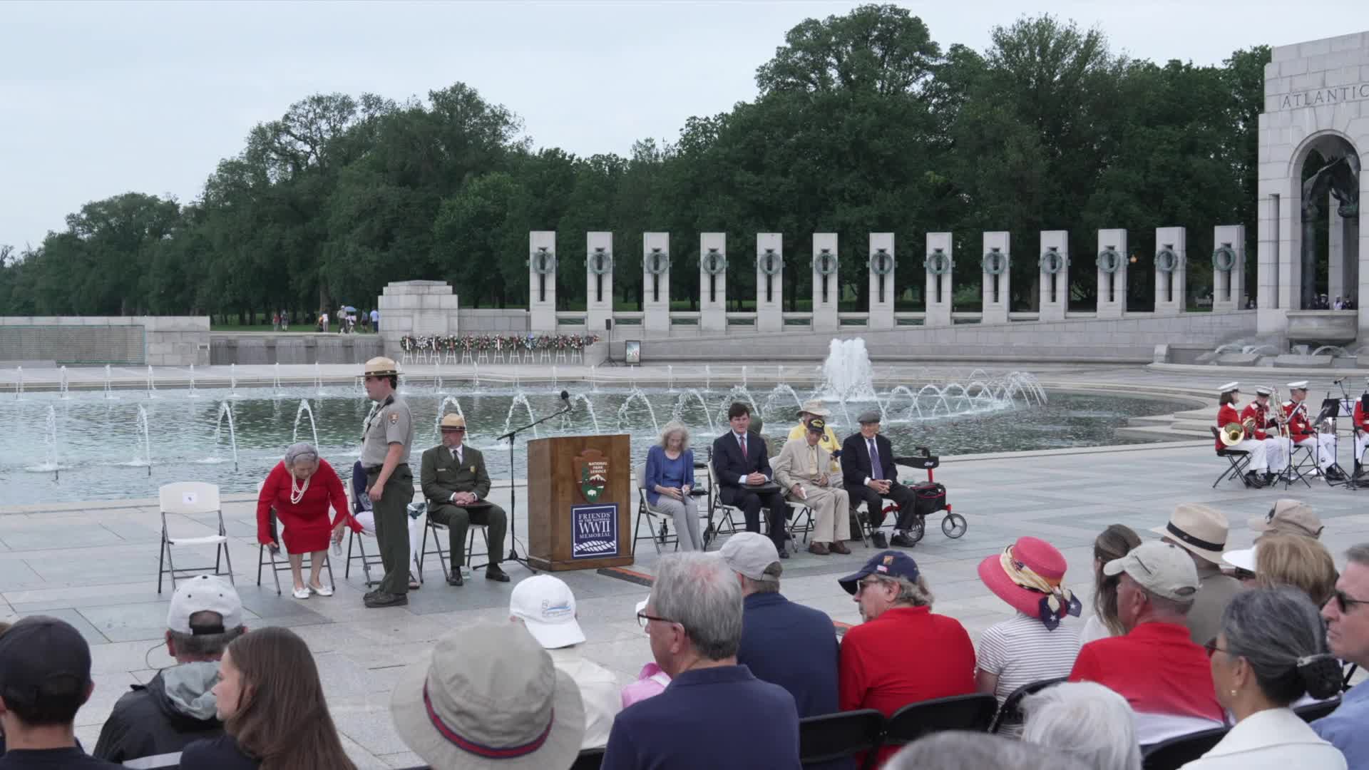 World War II and other military veterans attend a ceremony at the National World War II Memorial to commemorate the 80th anniversary of D-Day 