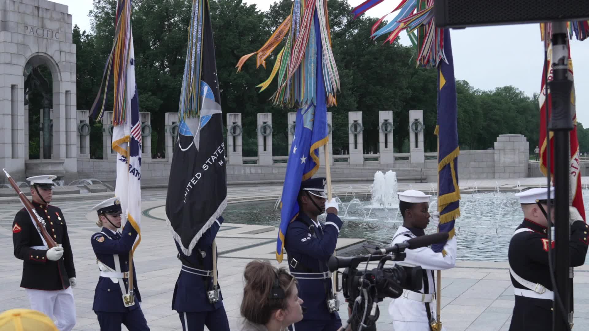 World War II and other military veterans attend a ceremony at the National World War II Memorial to commemorate the 80th anniversary of D-Day 