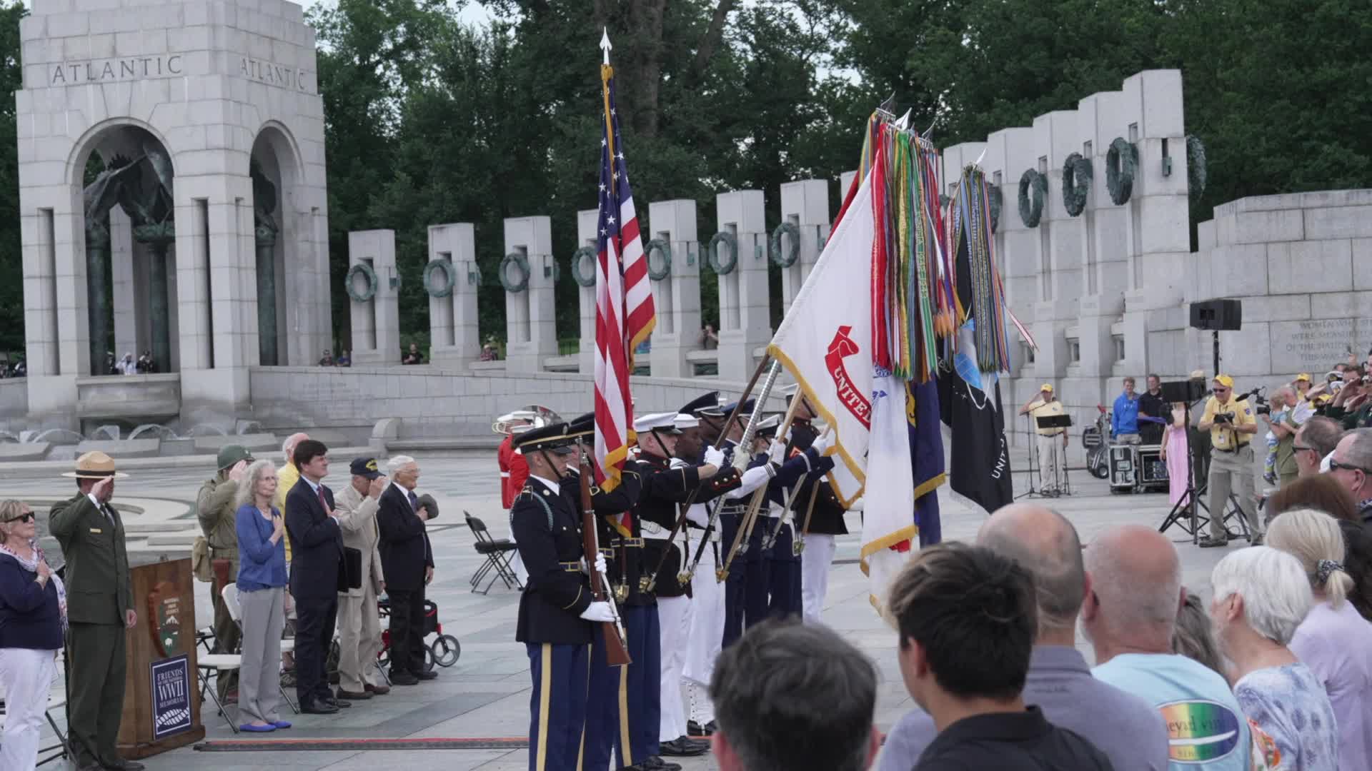 World War II and other military veterans attend a ceremony at the National World War II Memorial to commemorate the 80th anniversary of D-Day 
