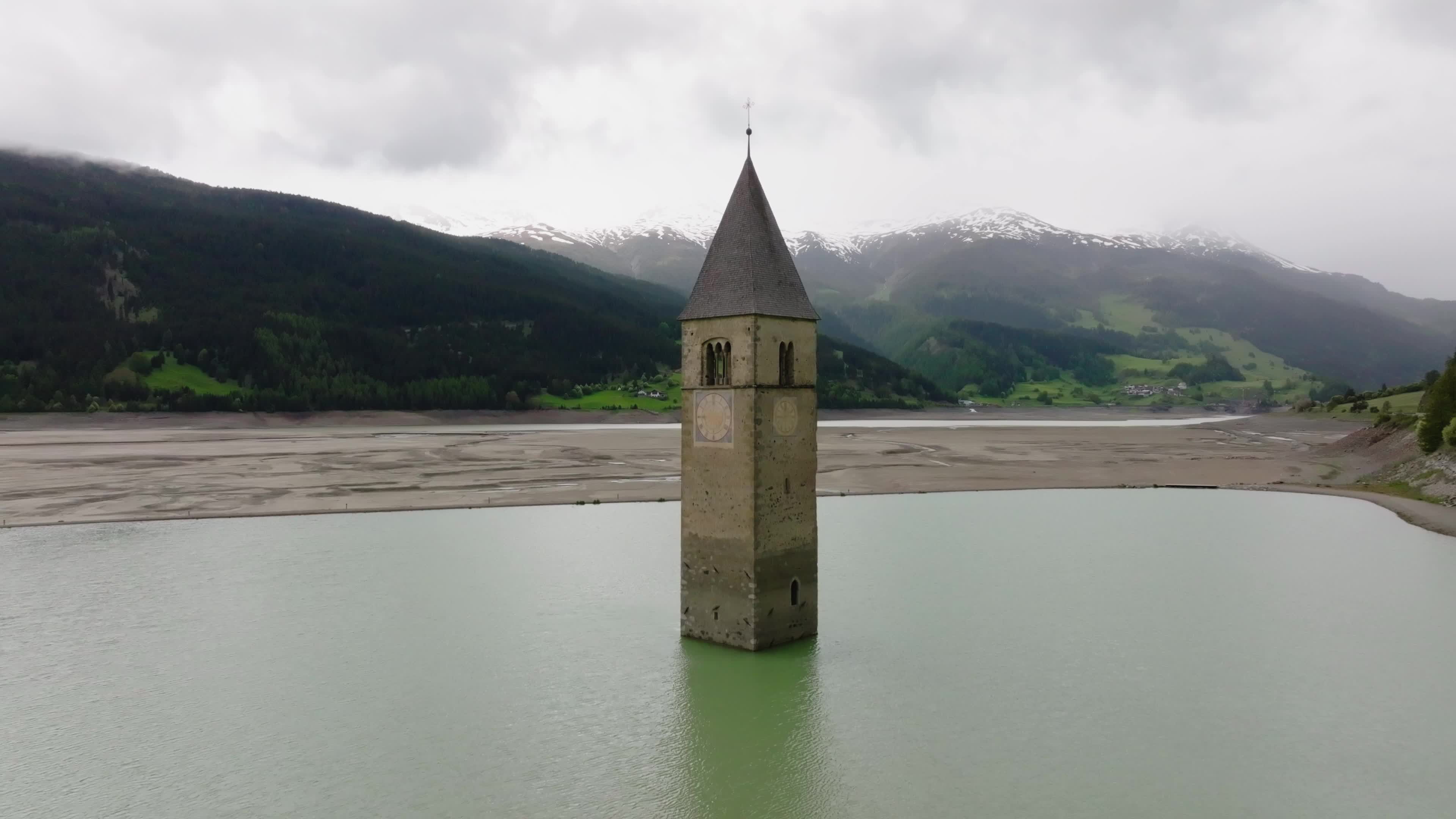 Drone View Of Reschensee Lake Drained for Alpine Road Construction