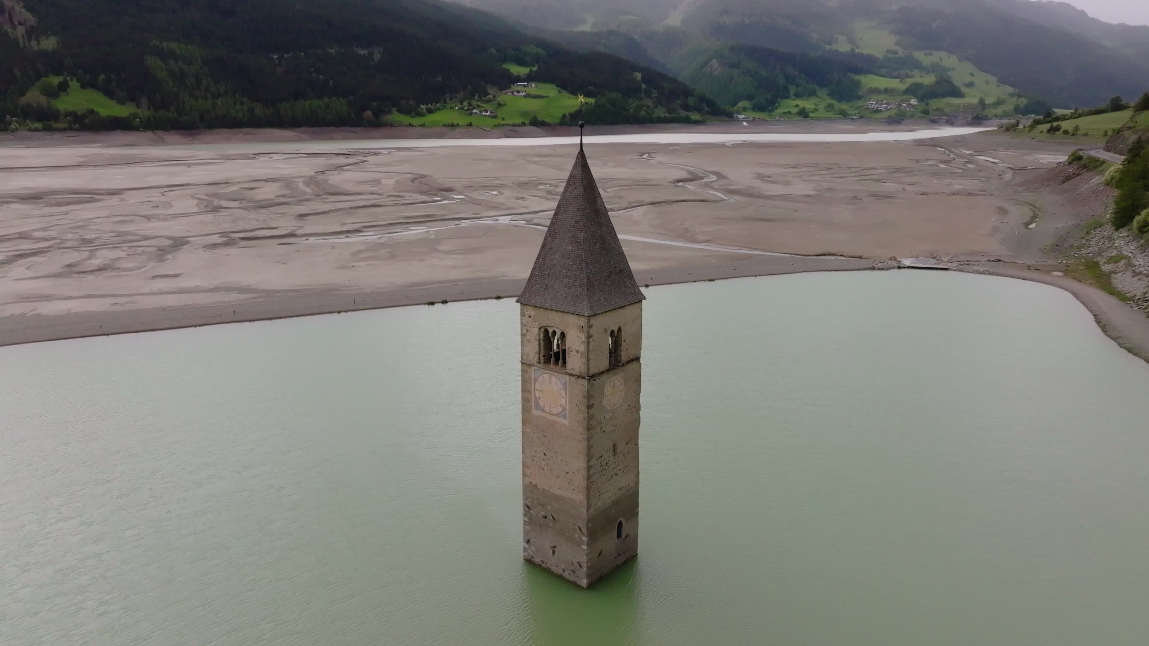 Drone View Of Reschensee Lake Drained for Alpine Road Construction