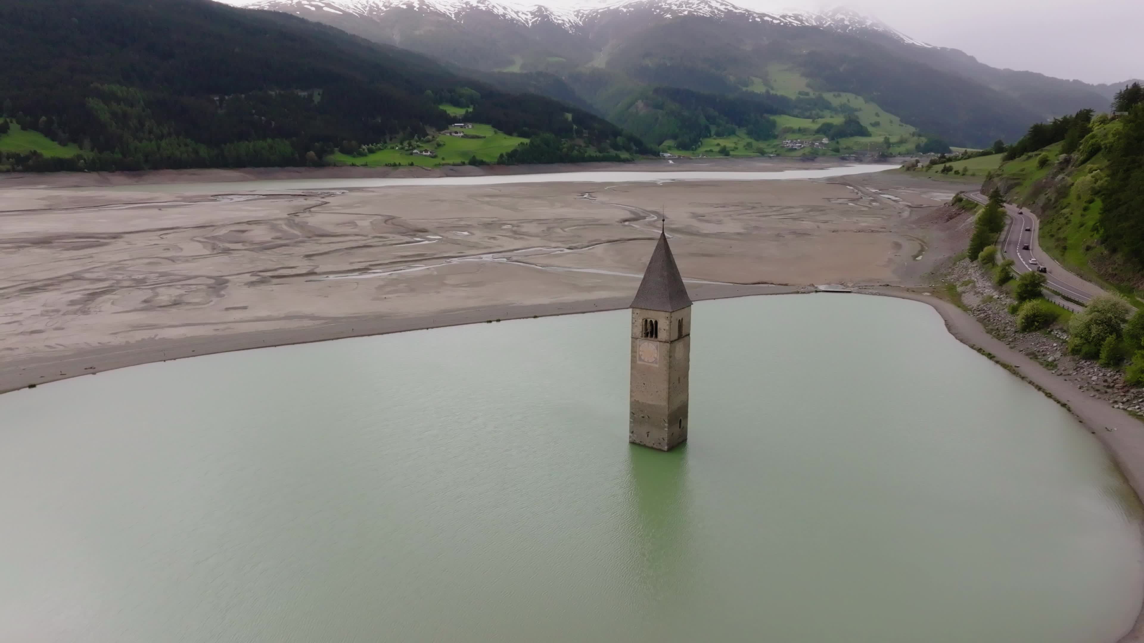 Drone View Of Reschensee Lake Drained for Alpine Road Construction