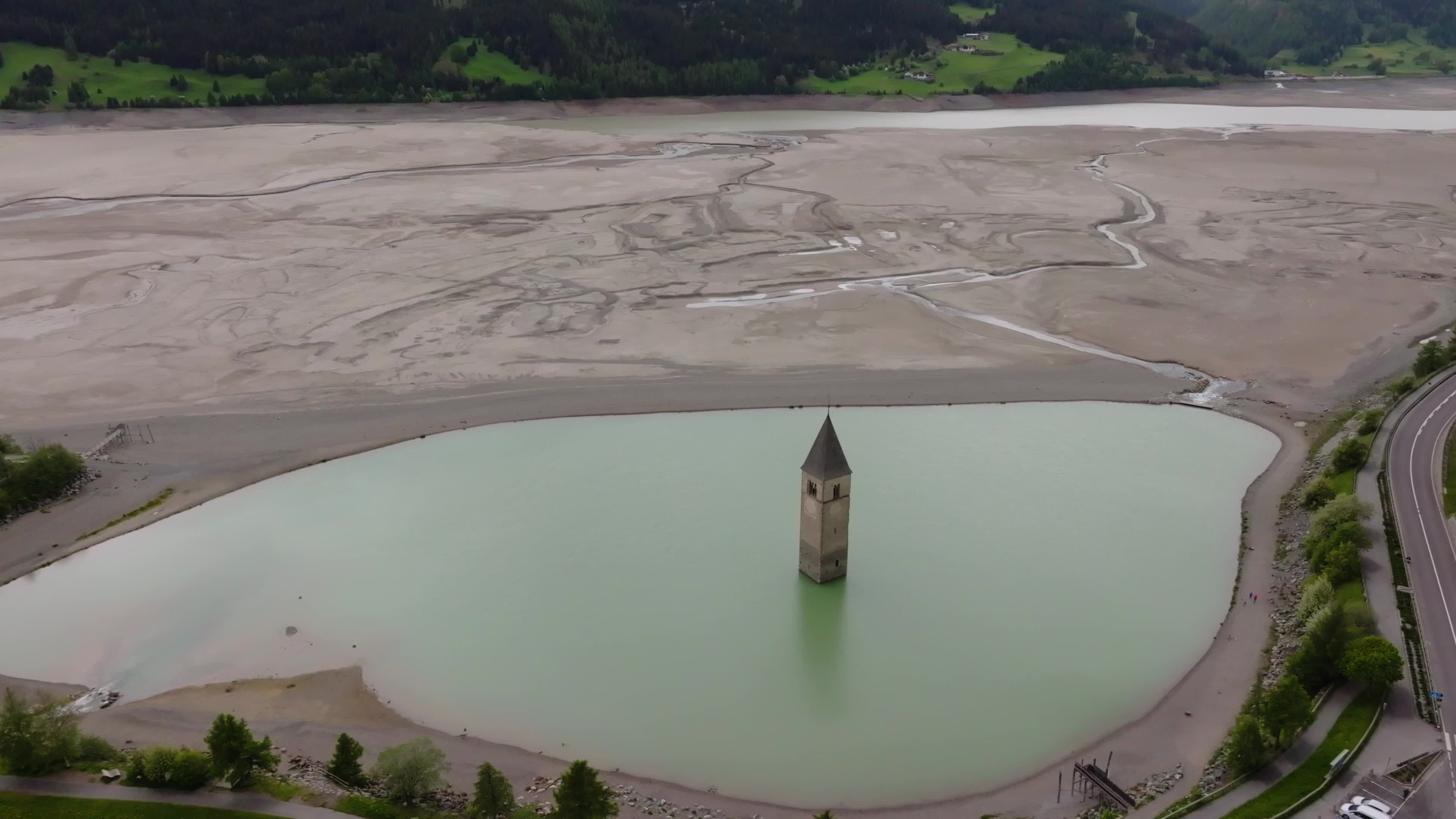 Drone View Of Reschensee Lake Drained for Alpine Road Construction