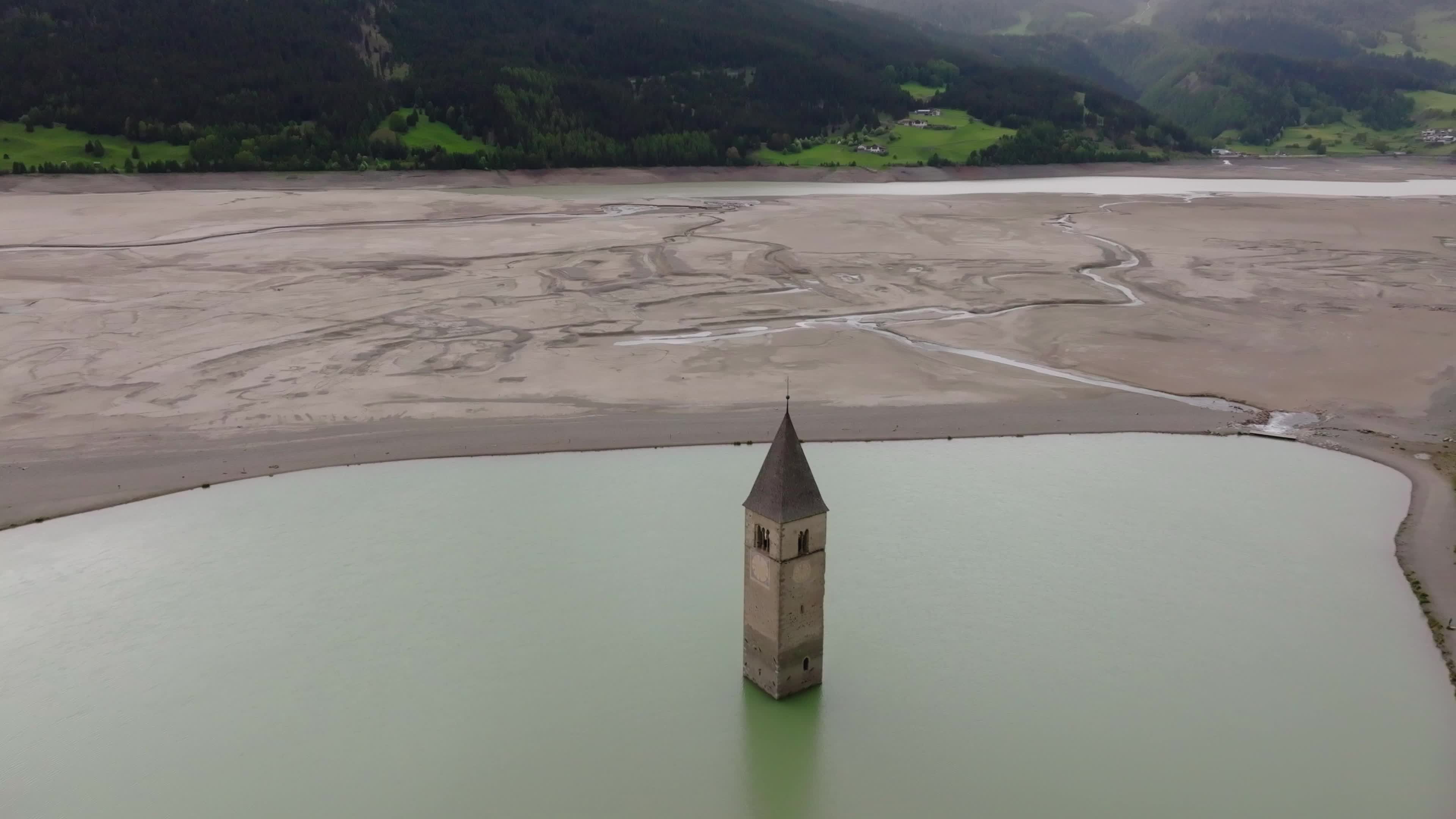 Drone View Of Reschensee Lake Drained for Alpine Road Construction