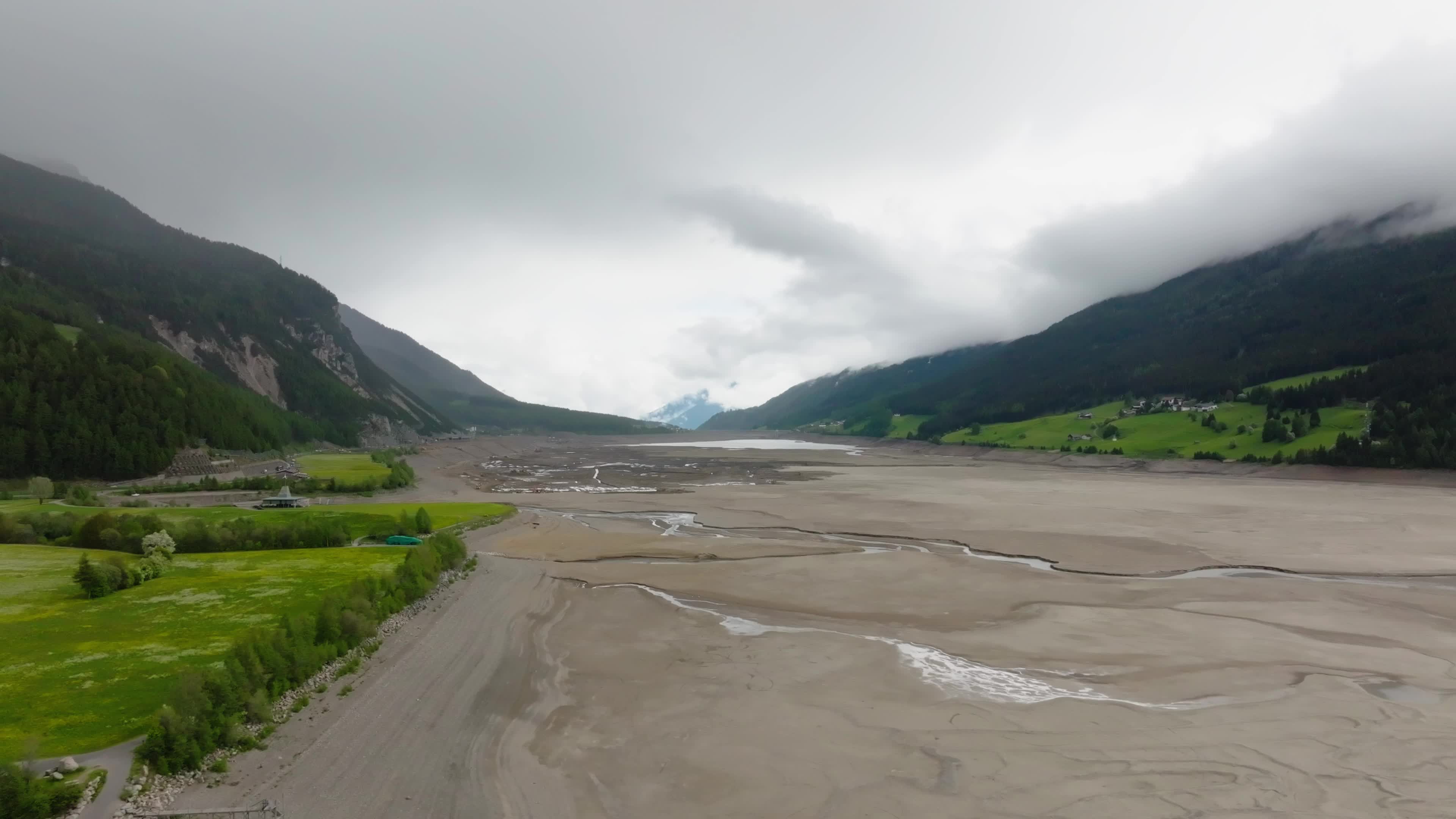 Drone View Of Reschensee Lake Drained for Alpine Road Construction